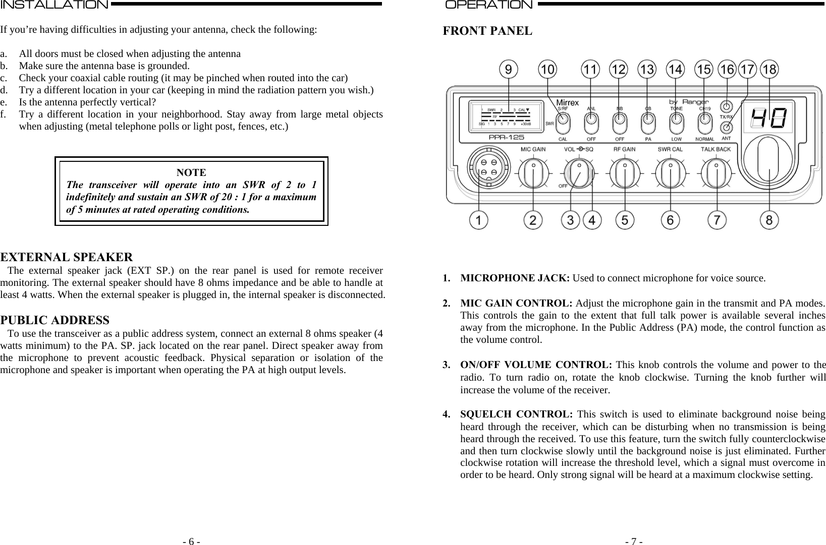   - 6 -INSTALLATION                                                                                                                                                                                                                                                                                                                                                      A  If you’re having difficulties in adjusting your antenna, check the following:  a. All doors must be closed when adjusting the antenna b. Make sure the antenna base is grounded. c. Check your coaxial cable routing (it may be pinched when routed into the car) d. Try a different location in your car (keeping in mind the radiation pattern you wish.) e. Is the antenna perfectly vertical? f. Try a different location in your neighborhood. Stay away from large metal objects when adjusting (metal telephone polls or light post, fences, etc.)     NOTE The transceiver will operate into an SWR of 2 to 1 indefinitely and sustain an SWR of 20 : 1 for a maximum of 5 minutes at rated operating conditions.    EXTERNAL SPEAKER The external speaker jack (EXT SP.) on the rear panel is used for remote receiver monitoring. The external speaker should have 8 ohms impedance and be able to handle at least 4 watts. When the external speaker is plugged in, the internal speaker is disconnected.  PUBLIC ADDRESS To use the transceiver as a public address system, connect an external 8 ohms speaker (4 watts minimum) to the PA. SP. jack located on the rear panel. Direct speaker away from the microphone to prevent acoustic feedback. Physical separation or isolation of the microphone and speaker is important when operating the PA at high output levels.                - 7 -OPERATION                                                                                                                                                                                                                                                                                                                                                                          A  FRONT PANEL      1. MICROPHONE JACK: Used to connect microphone for voice source.  2. MIC GAIN CONTROL: Adjust the microphone gain in the transmit and PA modes. This controls the gain to the extent that full talk power is available several inches away from the microphone. In the Public Address (PA) mode, the control function as the volume control.  3. ON/OFF VOLUME CONTROL: This knob controls the volume and power to the radio. To turn radio on, rotate the knob clockwise. Turning the knob further will increase the volume of the receiver.  4. SQUELCH CONTROL: This switch is used to eliminate background noise being heard through the receiver, which can be disturbing when no transmission is being heard through the received. To use this feature, turn the switch fully counterclockwise and then turn clockwise slowly until the background noise is just eliminated. Further clockwise rotation will increase the threshold level, which a signal must overcome in order to be heard. Only strong signal will be heard at a maximum clockwise setting.     