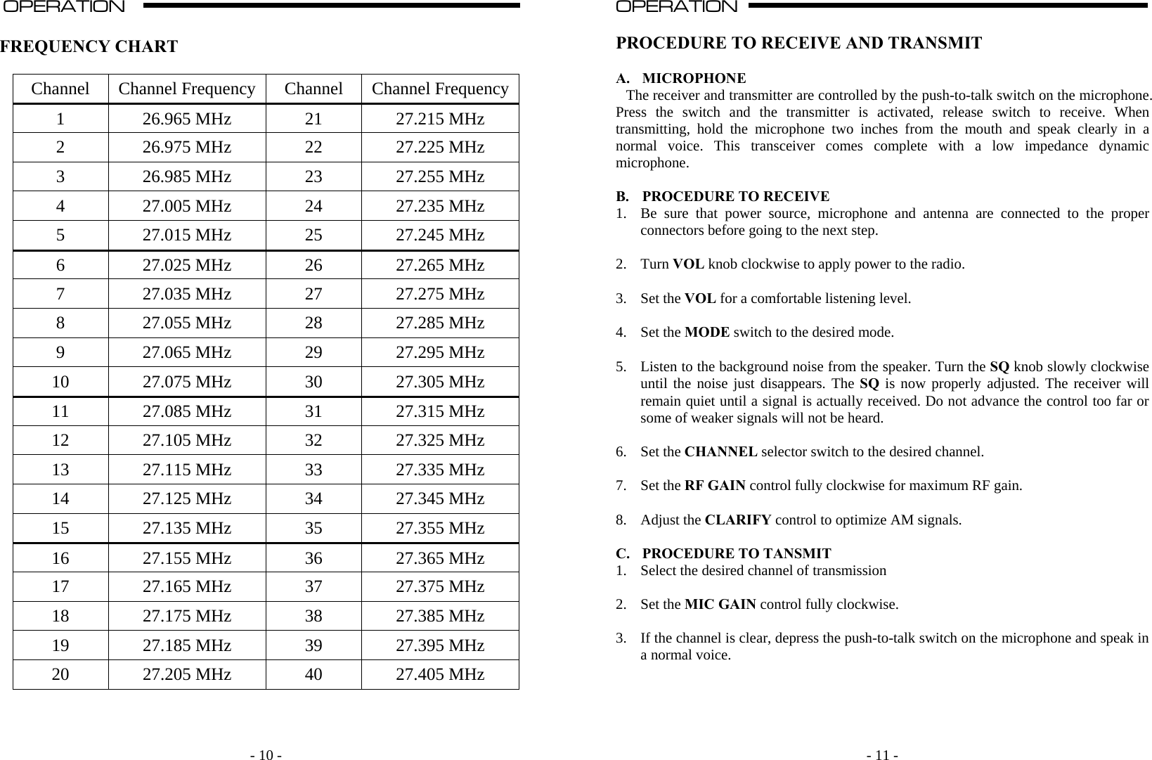   - 10 -OPERATION                                                                                                                                                                                                                                                                                                                                                      A             FREQUENCY CHART  Channel  Channel Frequency  Channel  Channel Frequency1  26.965 MHz 21 27.215 MHz 2  26.975 MHz 22 27.225 MHz 3  26.985 MHz 23 27.255 MHz 4  27.005 MHz 24 27.235 MHz 5  27.015 MHz 25 27.245 MHz 6  27.025 MHz 26 27.265 MHz 7  27.035 MHz 27 27.275 MHz 8  27.055 MHz 28 27.285 MHz 9  27.065 MHz 29 27.295 MHz 10 27.075 MHz 30 27.305 MHz 11 27.085 MHz 31 27.315 MHz 12 27.105 MHz 32 27.325 MHz 13 27.115 MHz 33 27.335 MHz 14 27.125 MHz 34 27.345 MHz 15 27.135 MHz 35 27.355 MHz 16 27.155 MHz 36 27.365 MHz 17 27.165 MHz 37 27.375 MHz 18 27.175 MHz 38 27.385 MHz 19 27.185 MHz 39 27.395 MHz 20 27.205 MHz 40 27.405 MHz      - 11 -OPERATION                                                                                                                                                                                                                                                                                                                                                                          A  PROCEDURE TO RECEIVE AND TRANSMIT  A. MICROPHONE The receiver and transmitter are controlled by the push-to-talk switch on the microphone. Press the switch and the transmitter is activated, release switch to receive. When transmitting, hold the microphone two inches from the mouth and speak clearly in a normal voice. This transceiver comes complete with a low impedance dynamic microphone.   B. PROCEDURE TO RECEIVE 1. Be sure that power source, microphone and antenna are connected to the proper connectors before going to the next step.  2. Turn VOL knob clockwise to apply power to the radio.  3. Set the VOL for a comfortable listening level.  4. Set the MODE switch to the desired mode.    5. Listen to the background noise from the speaker. Turn the SQ knob slowly clockwise until the noise just disappears. The SQ is now properly adjusted. The receiver will remain quiet until a signal is actually received. Do not advance the control too far or some of weaker signals will not be heard.  6. Set the CHANNEL selector switch to the desired channel.  7. Set the RF GAIN control fully clockwise for maximum RF gain.  8. Adjust the CLARIFY control to optimize AM signals.  C. PROCEDURE TO TANSMIT 1. Select the desired channel of transmission  2. Set the MIC GAIN control fully clockwise.  3. If the channel is clear, depress the push-to-talk switch on the microphone and speak in a normal voice.     