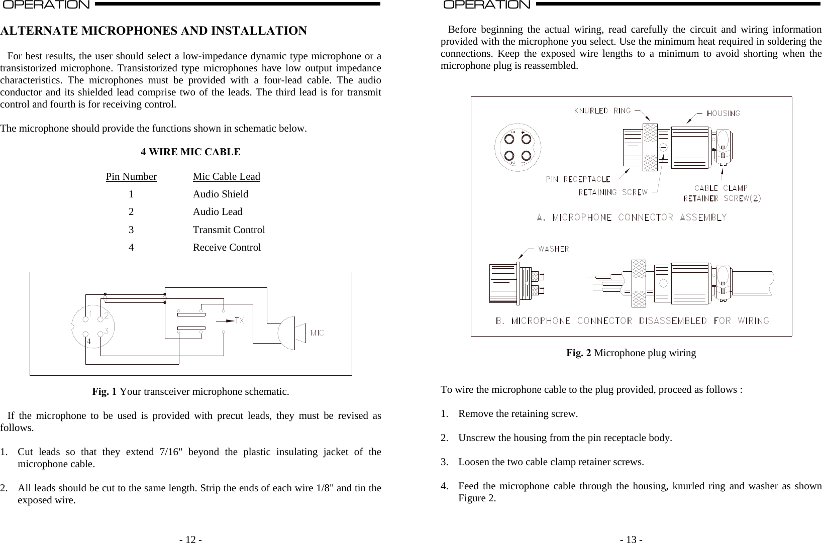   - 12 -OPERATION                                                                                                                                                                                                                                                                                                                                                                           A  ALTERNATE MICROPHONES AND INSTALLATION  For best results, the user should select a low-impedance dynamic type microphone or a transistorized microphone. Transistorized type microphones have low output impedance characteristics. The microphones must be provided with a four-lead cable. The audio conductor and its shielded lead comprise two of the leads. The third lead is for transmit control and fourth is for receiving control.   The microphone should provide the functions shown in schematic below.  4 WIRE MIC CABLE  Pin Number  Mic Cable Lead 1 Audio Shield 2 Audio Lead 3 Transmit Control 4 Receive Control    Fig. 1 Your transceiver microphone schematic.  If the microphone to be used is provided with precut leads, they must be revised as follows.  1. Cut leads so that they extend 7/16&quot; beyond the plastic insulating jacket of the microphone cable.  2. All leads should be cut to the same length. Strip the ends of each wire 1/8&quot; and tin the exposed wire.      - 13 -OPERATION                                                                                                                                                                                                                                                                                                                                                                         A   Before beginning the actual wiring, read carefully the circuit and wiring information provided with the microphone you select. Use the minimum heat required in soldering the connections. Keep the exposed wire lengths to a minimum to avoid shorting when the microphone plug is reassembled.     Fig. 2 Microphone plug wiring   To wire the microphone cable to the plug provided, proceed as follows :  1. Remove the retaining screw.  2. Unscrew the housing from the pin receptacle body.  3. Loosen the two cable clamp retainer screws.  4. Feed the microphone cable through the housing, knurled ring and washer as shown Figure 2.   