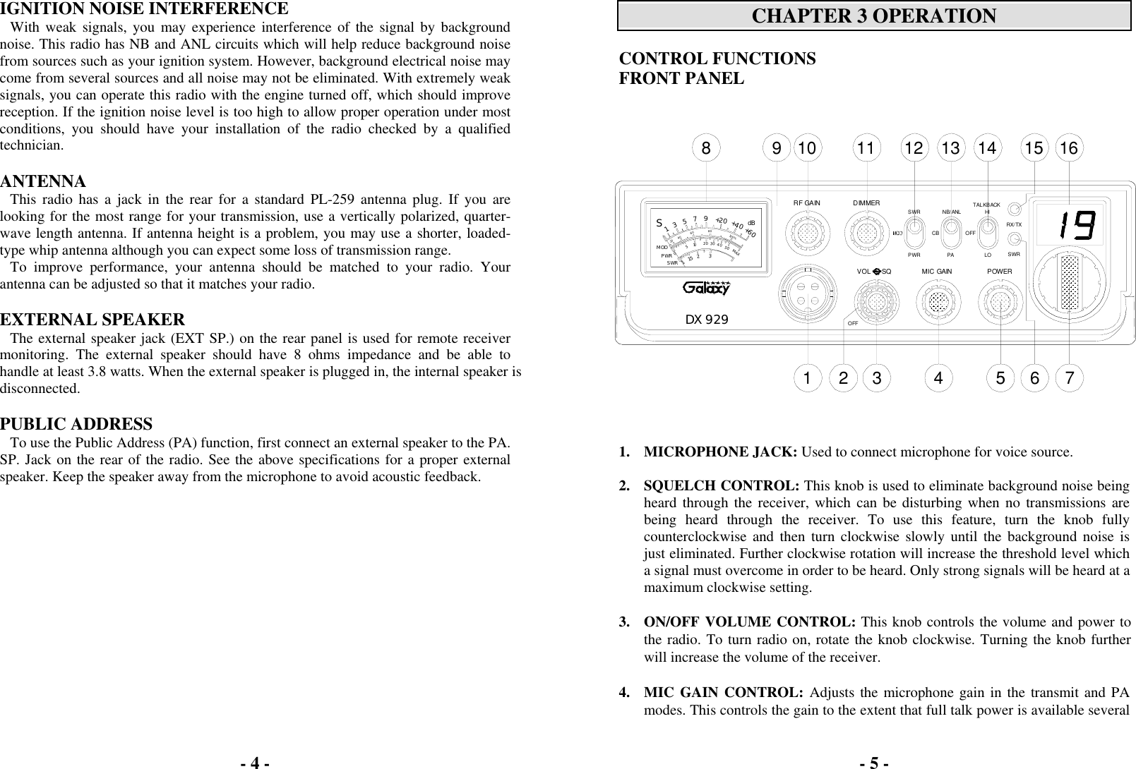 - 4 -  IGNITION NOISE INTERFERENCE With weak signals, you may experience interference of the signal by background noise. This radio has NB and ANL circuits which will help reduce background noise from sources such as your ignition system. However, background electrical noise may come from several sources and all noise may not be eliminated. With extremely weak signals, you can operate this radio with the engine turned off, which should improve reception. If the ignition noise level is too high to allow proper operation under most conditions, you should have your installation of the radio checked by a qualified technician.  ANTENNA This radio has a jack in the rear for a standard PL-259 antenna plug. If you are looking for the most range for your transmission, use a vertically polarized, quarter-wave length antenna. If antenna height is a problem, you may use a shorter, loaded-type whip antenna although you can expect some loss of transmission range. To improve performance, your antenna should be matched to your radio. Your antenna can be adjusted so that it matches your radio.  EXTERNAL SPEAKER The external speaker jack (EXT SP.) on the rear panel is used for remote receiver monitoring. The external speaker should have 8 ohms impedance and be able to handle at least 3.8 watts. When the external speaker is plugged in, the internal speaker is disconnected.  PUBLIC ADDRESS To use the Public Address (PA) function, first connect an external speaker to the PA. SP. Jack on the rear of the radio. See the above specifications for a proper external speaker. Keep the speaker away from the microphone to avoid acoustic feedback.  - 5 -   CHAPTER 3 OPERATION  CONTROL FUNCTIONS FRONT PANEL    1. MICROPHONE JACK: Used to connect microphone for voice source.  2. SQUELCH CONTROL: This knob is used to eliminate background noise being heard through the receiver, which can be disturbing when no transmissions are being heard through the receiver. To use this feature, turn the knob fully counterclockwise and then turn clockwise slowly until the background noise is just eliminated. Further clockwise rotation will increase the threshold level which a signal must overcome in order to be heard. Only strong signals will be heard at a maximum clockwise setting.  3.  ON/OFF VOLUME CONTROL: This knob controls the volume and power to the radio. To turn radio on, rotate the knob clockwise. Turning the knob further will increase the volume of the receiver.  4. MIC GAIN CONTROL: Adjusts the microphone gain in the transmit and PA modes. This controls the gain to the extent that full talk power is available several 929DXPWRSWROFFRF GAINVOL      SQDIMMERHINB/ANLOFFCBPAMIC GAINSWRRX/TXLOPOWERTALKBACK123 4 5678 9 10 11 12 13 14 15 1630SWR120PWRMODS+4080+605033040604021.5151020100%MAX+20759dB