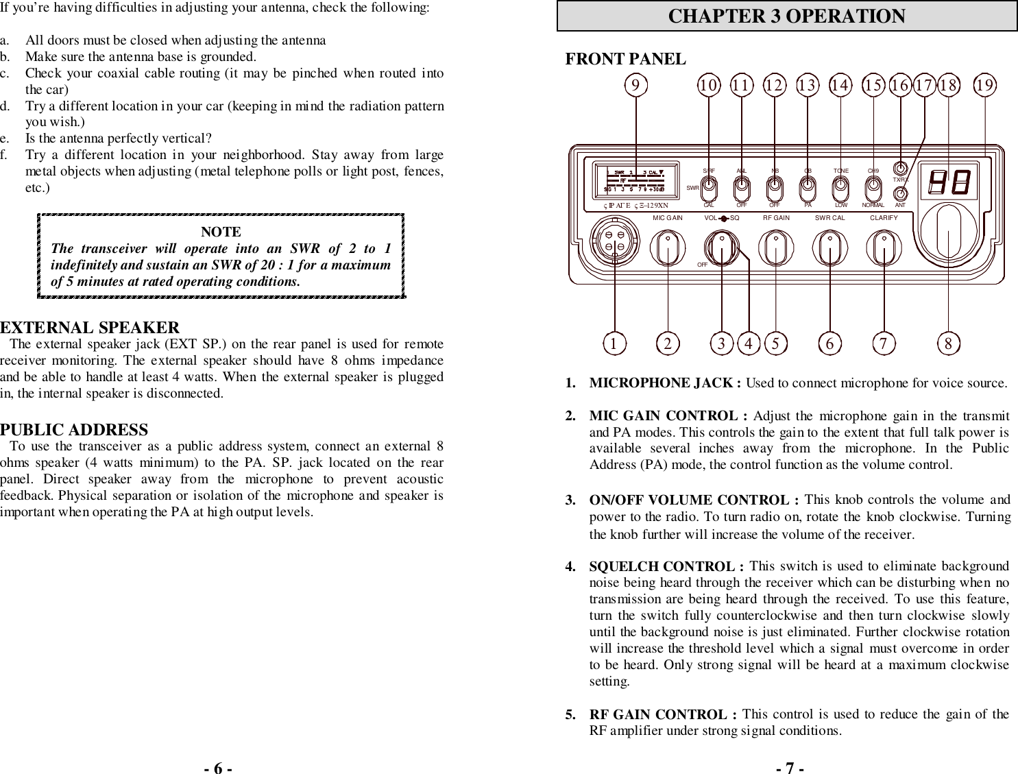 If you’re having difficulties in adjusting your antenna, check the following:a. All doors must be closed when adjusting the antennab. Make sure the antenna base is grounded.c. Check your coaxial cable routing (it may be pinched when routed intothe car)d. Try a different location in your car (keeping in mind the radiation patternyou wish.)e. Is the antenna perfectly vertical?f. Try a different location in your neighborhood. Stay away from largemetal objects when adjusting (metal telephone polls or light post, fences,etc.)NOTEThe transceiver will operate into an SWR of 2 to 1indefinitely and sustain an SWR of 20 : 1 for a maximumof 5 minutes at rated operating conditions.EXTERNAL SPEAKERThe external speaker jack (EXT SP.) on the rear panel is used for remotereceiver monitoring. The external speaker should have 8 ohms impedanceand be able to handle at least 4 watts. When the external speaker is pluggedin, the internal speaker is disconnected.PUBLIC ADDRESSTo use the transceiver as a public address system, connect an external 8ohms speaker (4 watts minimum) to the PA. SP. jack located on the rearpanel. Direct speaker away from the microphone to prevent acousticfeedback. Physical separation or isolation of the microphone and speaker isimportant when operating the PA at high output levels.CHAPTER 3 OPERATIONFRONT PANEL1. MICROPHONE JACK : Used to connect microphone for voice source.2. MIC GAIN CONTROL : Adjust the microphone gain in the transmitand PA modes. This controls the gain to the extent that full talk power isavailable several inches away from the microphone. In the PublicAddress (PA) mode, the control function as the volume control.3. ON/OFF VOLUME CONTROL : This knob controls the volume andpower to the radio. To turn radio on, rotate the knob clockwise. Turningthe knob further will increase the volume of the receiver.4. SQUELCH CONTROL : This switch is used to eliminate backgroundnoise being heard through the receiver which can be disturbing when notransmission are being heard through the received. To use this feature,turn the switch fully counterclockwise and then turn clockwise slowlyuntil the background noise is just eliminated. Further clockwise rotationwill increase the threshold level which a signal must overcome in orderto be heard. Only strong signal will be heard at a maximum clockwisesetting.5. RF GAIN CONTROL : This control is used to reduce the gain of theRF amplifier under strong signal conditions.- 5 -RF GAIN12MIC GAIN VOL       SQ2134OFFςΙΡΑΓΕ  ςΞ−129ΧΝSWRCALS/RFOFFANL910 11SWR CAL CLARIFY567 8NORMALOFF PANB CBLOWTONEANTCH9TX/RX1513 14 1716 18 19- 6 - - 7 -