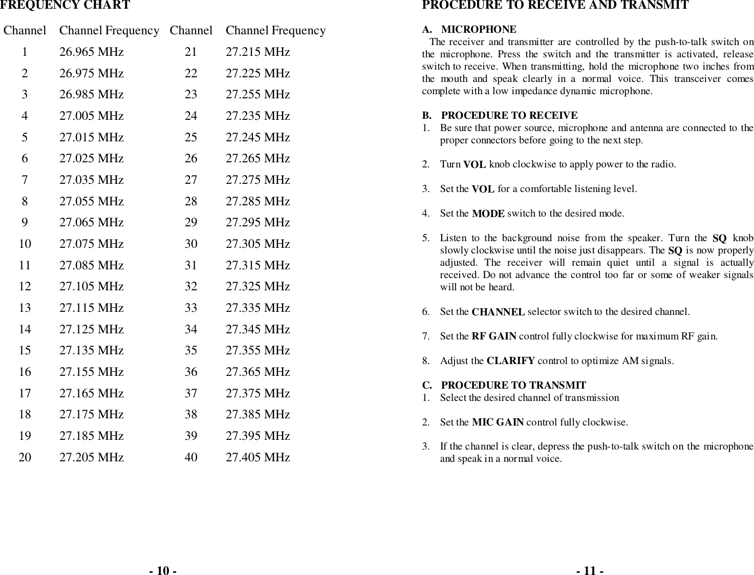 FREQUENCY CHARTChannel   Channel Frequency Channel   Channel Frequency1   26.965 MHz 21   27.215 MHz2   26.975 MHz 22   27.225 MHz3   26.985 MHz 23   27.255 MHz4   27.005 MHz 24   27.235 MHz5   27.015 MHz 25   27.245 MHz6   27.025 MHz 26   27.265 MHz7   27.035 MHz 27   27.275 MHz8   27.055 MHz 28   27.285 MHz9   27.065 MHz 29   27.295 MHz10   27.075 MHz 30   27.305 MHz11   27.085 MHz 31   27.315 MHz12   27.105 MHz 32   27.325 MHz13   27.115 MHz 33   27.335 MHz14   27.125 MHz 34   27.345 MHz15   27.135 MHz 35   27.355 MHz16   27.155 MHz 36   27.365 MHz17   27.165 MHz 37   27.375 MHz18   27.175 MHz 38   27.385 MHz19   27.185 MHz 39   27.395 MHz20   27.205 MHz 40   27.405 MHzPROCEDURE TO RECEIVE AND TRANSMITA. MICROPHONEThe receiver and transmitter are controlled by the push-to-talk switch onthe microphone. Press the switch and the transmitter is activated, releaseswitch to receive. When transmitting, hold the microphone two inches fromthe mouth and speak clearly in a normal voice. This transceiver comescomplete with a low impedance dynamic microphone.B. PROCEDURE TO RECEIVE1. Be sure that power source, microphone and antenna are connected to theproper connectors before going to the next step.2. Turn VOL knob clockwise to apply power to the radio.3. Set the VOL for a comfortable listening level.4. Set the MODE switch to the desired mode.5. Listen to the background noise from the speaker. Turn the SQ knobslowly clockwise until the noise just disappears. The SQ is now properlyadjusted. The receiver will remain quiet until a signal is actuallyreceived. Do not advance the control too far or some of weaker signalswill not be heard.6. Set the CHANNEL selector switch to the desired channel.7. Set the RF GAIN control fully clockwise for maximum RF gain.8. Adjust the CLARIFY control to optimize AM signals.C. PROCEDURE TO TRANSMIT1. Select the desired channel of transmission2. Set the MIC GAIN control fully clockwise.3. If the channel is clear, depress the push-to-talk switch on the microphoneand speak in a normal voice.- 10 - - 11 -