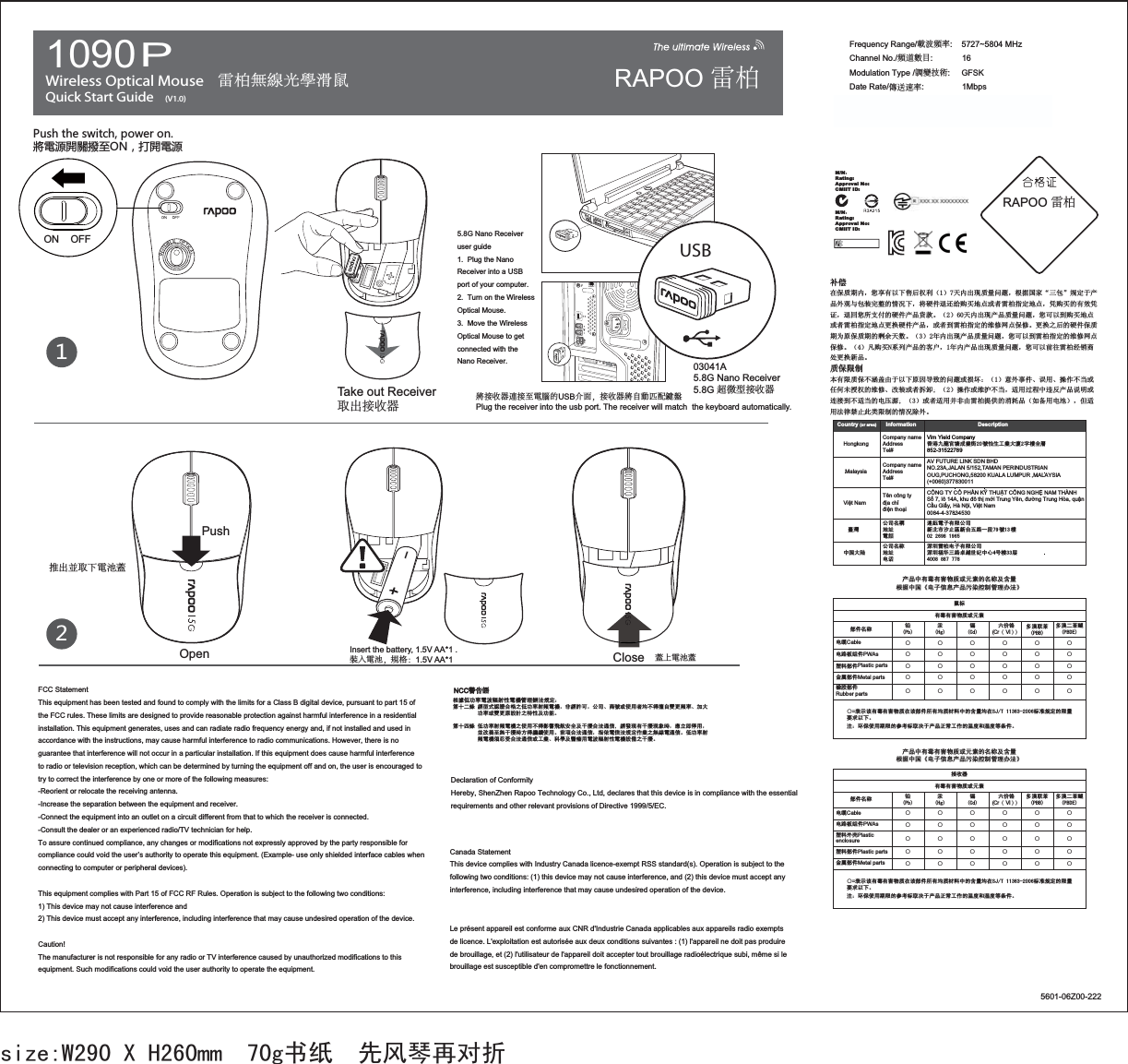 Wireless Optical Mouse  雷柏無線光學滑鼠Quick Start Guide  (V1.0)   1090PVL]H:;+PPJк㒌ܜ亢⨈ݡᇍᡬѻકЁ᳝↦᳝ᆇ⠽䋼៪ܗ㋴ⱘৡ⿄ঞ৿䞣ḍ᥂Ё೑ǉ⬉ᄤֵᙃѻક∵ᶧ᥻ࠊㅵ⧚ࡲ⊩Ǌ䪙3E∲+J䬝&amp;G݁Ӌ䫀(Cr（VI ））໮⒈㘨㣃3%%໮⒈Ѡ㣃䝮3%&apos;(⬉㓚Cable⬉䏃ᵓ㒘ӊPWAsล᭭䚼ӊPlastic parts䞥ሲ䚼ӊMetal parts‵㛊䚼ӊRubber parts哴ᷛƻƻƻƻƻƻƻƻƻƻƻƻƻƻƻƻƻƻƻƻƻƻƻƻƻƻƻƻƻƻƻ 㸼⼎䆹᳝↦᳝ᆇ⠽䋼೼䆹䚼ӊ᠔᳝ഛ䋼ᴤ᭭Ёⱘ৿䞣ഛ೼6-7ᷛޚ㾘ᅮⱘ䰤䞣㽕∖ҹϟǄ⊼˖⦃ֱՓ⫼ᳳ䰤ⱘখ㗗ᷛপއѢѻકℷᐌᎹ԰ⱘ⏽ᑺ੠⑓ᑺㄝᴵӊǄ䚼ӊৡ⿄᳝↦᳝ᆇ⠽䋼៪ܗ㋴ѻકЁ᳝↦᳝ᆇ⠽䋼៪ܗ㋴ⱘৡ⿄ঞ৿䞣ḍ᥂Ё೑ǉ⬉ᄤֵᙃѻક∵ᶧ᥻ࠊㅵ⧚ࡲ⊩Ǌ⬉䏃ᵓ㒘ӊPWAsPlastic ล᭭໪໇enclosureล᭭䚼ӊPlastic parts䞥ሲ䚼ӊMetal parts䪙3E∲+J䬝&amp;G݁Ӌ䫀(Cr（VI ））໮⒈㘨㣃3%%໮⒈Ѡ㣃䝮3%&apos;(⬉㓚Cable᥹ᬊ఼ƻƻƻƻƻƻƻƻƻƻƻƻƻƻƻƻƻƻƻƻƻƻƻƻƻƻƻƻƻƻƻ 㸼⼎䆹᳝↦᳝ᆇ⠽䋼೼䆹䚼ӊ᠔᳝ഛ䋼ᴤ᭭Ёⱘ৿䞣ഛ೼6-7ᷛޚ㾘ᅮⱘ䰤䞣㽕∖ҹϟǄ⊼˖⦃ֱՓ⫼ᳳ䰤ⱘখ㗗ᷛপއѢѻકℷᐌᎹ԰ⱘ⏽ᑺ੠⑓ᑺㄝᴵӊǄ䚼ӊৡ⿄᳝↦᳝ᆇ⠽䋼៪ܗ㋴Company nameAddressTel#AV FUTURE LINK SDN BHDNO.23A,JALAN 5/152,TAMAN PERINDUSTRIAN OUG,PUCHONG,58200 KUALA LUMPUR ,MALAYSIA(+0060)377830011Hongkong㟎☷Ё೑໻䰚Việt NamMalaysiaVim Yield Company 佭␃б啡ᅬฬ៤ὁ㸫 㰳ᗵ⫳Ꮉὁ໻ᒜᄫῧܼሸ852-31522789  DescriptionInformationCountry (or area)Company nameAddressTel#Tên công tyđịa chỉđiện thoại݀ৌৡ⿄ഄഔ⬉䆱CÔNG TY CỔ PHẦN KỸ THUẬT CÔNG NGHỆ NAM THÀNHSố 7, lô 14A, khu đô thị mới Trung Yên, đường Trung Hòa, quậnCầu Giấy, Hà Nội, Việt Nam0084-4-37834530  　 䗷䠎䳏ᄤ᳝䰤݀ৌᮄ࣫Ꮦ∤ℶऔᮄৄѨ䏃ϔ↉ 㰳ῧ⏅ഇ䳋ᶣ⬉ᄤ᳝䰤݀ৌ⏅ഇ⽣ढϝ䏃ध䍞Ϫ㑾Ёᖗোὐሖ݀ৌৡ々ഄഔ䳏䁅ON    OFF USB㸹ٓ೼ֱ䋼ᳳݙˈᙼѿ᳝ҹϟଂৢᴗ߽˄˅໽ݙߎ⦄䋼䞣䯂乬ˈḍ᥂೑ᆊĀϝࣙā㾘ᅮѢѻક໪㾖Ϣࣙ㺙ᅠᭈⱘᚙމϟˈᇚ⹀ӊ䗔䖬㒭䌁фഄ⚍៪㗙䳋ᶣᣛᅮഄ⚍ˈ߁䌁фⱘ᳝ᬜ߁䆕ˈ䗔ಲᙼ᠔ᬃҬⱘ⹀ӊѻક䋻ℒǄ˄˅໽ݙߎ⦄ѻક䋼䞣䯂乬ˈᙼৃҹࠄ䌁фഄ⚍៪㗙䳋ᶣᣛᅮഄ⚍᳈ᤶ⹀ӊѻકˈ៪㗙ࠄ䳋ᶣᣛᅮⱘ㓈ׂ㔥⚍ֱׂǄ᳈ᤶПৢⱘ⹀ӊֱ䋼ᳳЎॳֱ䋼ᳳⱘ࠽ԭ໽᭄Ǆ˄˅ᑈݙߎ⦄ѻક䋼䞣䯂乬ˈᙼৃҹࠄ䳋ᶣᣛᅮⱘ㓈ׂ㔥⚍ֱׂǄ˄˅޵䌁ф1㋏߫ѻકⱘᅶ᠋ˈᑈݙѻકߎ⦄䋼䞣䯂乬ˈᙼৃҹࠡᕔ䳋ᶣ㒣䫔ଚ໘᳈ᤶᮄકǄ䋼ֱ䰤ࠊᴀ᳝䰤䋼ֱϡ⎉Ⲫ⬅Ѣҹϟॳ಴ᇐ㟈ⱘ䯂乬៪ᤳണ˖˄˅ᛣ໪џӊǃ䇃⫼ǃ᪡԰ϡᔧ៪ӏԩ᳾ᥜᴗⱘ㓈ׂǃᬍ㺙៪㗙ᢚौ˗˄˅᪡԰៪㓈ᡸϡᔧˈ䗖⫼䖛⿟Ё䖱ডѻક䇈ᯢ៪䖲᥹ࠄϡ䗖ᔧⱘ⬉य़⑤˗˄˅៪㗙䗖⫼ᑊ䴲⬅䳋ᶣᦤկⱘ⍜㗫ક˄བ໛⫼⬉∴˅ˈԚ䗖⫼⊩ᕟ⽕ℶℸ㉏䰤ࠊⱘᚙމ䰸໪Ǆ5601-06Z00-222M/N˖                        Rating:                       Approval No:                  CMIIT ID:     M/N˖                        Rating:                       Approval No:                  CMIIT ID:     RAPOO 雷柏OpenPushCloseFCC StatementThis equipment has been tested and found to comply with the limits for a Class B digital device, pursuant to part 15 of the FCC rules. These limits are designed to provide reasonable protection against harmful interference in a residential installation. This equipment generates, uses and can radiate radio frequency energy and, if not installed and used in accordance with the instructions, may cause harmful interference to radio communications. However, there is no guarantee that interference will not occur in a particular installation. If this equipment does cause harmful interference to radio or television reception, which can be determined by turning the equipment off and on, the user is encouraged to try to correct the interference by one or more of the following measures:-Reorient or relocate the receiving antenna.-Increase the separation between the equipment and receiver.-Connect the equipment into an outlet on a circuit different from that to which the receiver is connected.-Consult the dealer or an experienced radio/TV technician for help.To assure continued compliance, any changes or modifications not expressly approved by the party responsible for compliance could void the user’s authority to operate this equipment. (Example- use only shielded interface cables when connecting to computer or peripheral devices).This equipment complies with Part 15 of FCC RF Rules. Operation is subject to the following two conditions:1) This device may not cause interference and2) This device must accept any interference, including interference that may cause undesired operation of the device.Caution! The manufacturer is not responsible for any radio or TV interference caused by unauthorized modifications to this equipment. Such modifications could void the user authority to operate the equipment. ḍ᪮Ԣࡳ⥛䳏⊶䔏ᇘᗻ䳏″ㅵ⧚䕺⊩㽣ᅮ˖㄀कѠṱ㍧ൟᓣ䁡䄝ড়ḐПԢࡳ⥛ᇘ丏䳏″ˈ䴲㍧䀅ৃˈ݀ৌǃଚ㰳៪Փ⫼㗙ഛϡᕫ᪙㞾䅞᳈丏⥛ǃࡴ໻ࡳ⥛៪䅞᳈ॳ䀁㿜П⡍ᗻঞࡳ㛑Ǆ㄀कಯṱԢࡳ⥛ᇘ丏䳏″ПՓ⫼ϡᕫᕅ䷓亯㟾ᅝܼঞᑆ᫒ড়⊩䗮ֵ˗㍧ⱐ⧒᳝ᑆ᫒⧒䈵ᰖˈឝゟेذ⫼ˈϺᬍ୘㟇⛵ᑆ᫒ᰖᮍᕫ㑐㑠Փ⫼Ǆࠡ䷙ড়⊩䗮ֵˈᣛձ䳏ֵ⊩㽣ᅮ԰ὁП⛵㎮䳏䗮ֵǄԢࡳ⥛ᇘ丏䳏″䷜ᖡফড়⊩䗮ֵ៪Ꮉὁǃ⾥ᅌঞ䝿Ⱆ⫼䳏⊶䔏ᇘᗻ䳏″䀁٭Пᑆ᫒ǄNCC警告語Declaration of ConformityHereby, ShenZhen Rapoo Technology Co., Ltd, declares that this device is in compliance with the essential requirements and other relevant provisions of Directive 1999/5/EC.Canada Statement  This device complies with Industry Canada licence-exempt RSS standard(s). Operation is subject to the following two conditions: (1) this device may not cause interference, and (2) this device must accept any interference, including interference that may cause undesired operation of the device. Le présent appareil est conforme aux CNR d&apos;Industrie Canada applicables aux appareils radio exempts de licence. L&apos;exploitation est autorisée aux deux conditions suivantes : (1) l&apos;appareil ne doit pas produire de brouillage, et (2) l&apos;utilisateur de l&apos;appareil doit accepter tout brouillage radioélectrique subi, même si le brouillage est susceptible d&apos;en compromettre le fonctionnement.RAPOO 雷柏5.8G Nano Receiver user guide1.  Plug the Nano Receiver into a USB port of your computer.2.  Turn on the Wireless  Optical Mouse.3.  Move the Wireless Optical Mouse to get connected with the Nano Receiver.6[YNZNKY]OZINVU]KXUTㆊ朅࢛旇昘㣬ਙ54ͫ۸旇朅࢛Take out Receiver取出接收器 將接收器連接至電腦的USB介面，接收器將自動匹配鍵盤Plug the receiver into the usb port. The receiver will match  the keyboard automatically.推出並取下電池蓋Insert the battery, 1.5V AA*1 .裝入電池，規格：1.5V AA*1 蓋上電池蓋03041A5.8G Nano Receiver5.8G 超微型接收器Frequency Range/載波頻率:    5727~5804 MHzChannel No./頻道數目:        16Modulation Type /調變技術:     GFSKDate Rate/傳送速率:        1MbpsOutput Power/最大輸出功率:    0dB