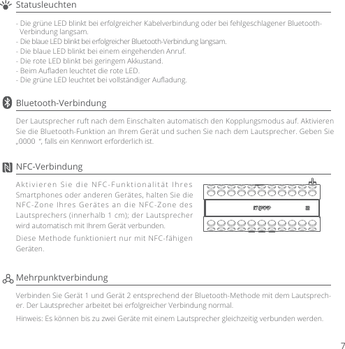 Statusleuchten- Die grüne LED blinkt bei erfolgreicher Kabelverbindung oder bei fehlgeschlagener Bluetooth-  Verbindung langsam.- Die blaue LED blinkt bei erfolgreicher Bluetooth-Verbindung langsam.- Die blaue LED blinkt bei einem eingehenden Anruf.- Die rote LED blinkt bei geringem Akkustand.- Beim Auﬂaden leuchtet die rote LED.- Die grüne LED leuchtet bei vollständiger Auﬂadung.Bluetooth-VerbindungDer Lautsprecher ruft nach dem Einschalten automatisch den Kopplungsmodus auf. Aktivieren Sie die Bluetooth-Funktion an Ihrem Gerät und suchen Sie nach dem Lautsprecher. Geben Sie „0000 “, falls ein Kennwort erforderlich ist.NFC-VerbindungAktivieren Sie die NFC-Funktionalität Ihres Smartphones oder anderen Gerätes, halten Sie die NFC-Zone Ihres Gerätes an die NFC-Zone des Lautsprechers (innerhalb 1 cm); der Lautsprecher wird automatisch mit Ihrem Gerät verbunden.Diese Methode funktioniert nur mit NFC-fähigen Geräten.MehrpunktverbindungVerbinden Sie Gerät 1 und Gerät 2 entsprechend der Bluetooth-Methode mit dem Lautsprech-er. Der Lautsprecher arbeitet bei erfolgreicher Verbindung normal.Hinweis: Es können bis zu zwei Geräte mit einem Lautsprecher gleichzeitig verbunden werden.7