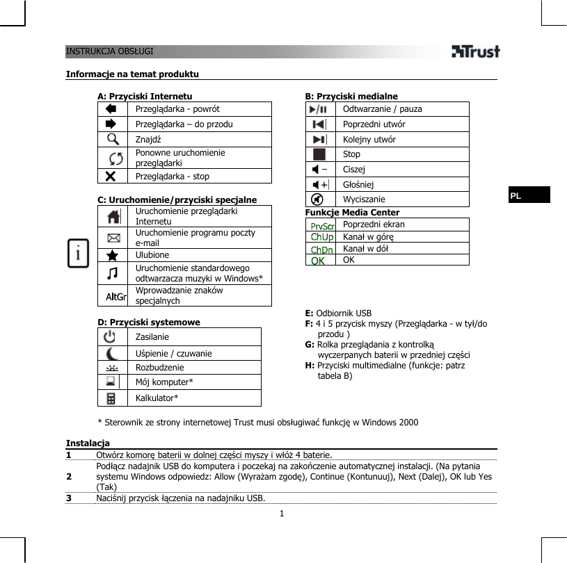 INSTRUKCJA OBSŁUGI  1PL  Informacje na temat produktu  A: Przyciski Internetu  Przeglądarka - powrót  Przeglądarka – do przodu  Znajdź  Ponowne uruchomienie przeglądarki  Przeglądarka - stop  C: Uruchomienie/przyciski specjalne  Uruchomienie przeglądarki Internetu  Uruchomienie programu poczty e-mail  Ulubione     Uruchomienie standardowego odtwarzacza muzyki w Windows*  Wprowadzanie znaków specjalnych  D: Przyciski systemowe  Zasilanie  Uśpienie / czuwanie   Rozbudzenie  Mój komputer*  Kalkulator*   B: Przyciski medialne  Odtwarzanie / pauza  Poprzedni utwór  Kolejny utwór  Stop  Ciszej  Głośniej  Wyciszanie Funkcje Media Center  Poprzedni ekran  Kanał w górę  Kanał w dół  OK     E: Odbiornik USB F: 4 i 5 przycisk myszy (Przeglądarka - w tył/do przodu ) G: Rolka przeglądania z kontrolką wyczerpanych baterii w przedniej części H: Przyciski multimedialne (funkcje: patrz tabela B)   * Sterownik ze strony internetowej Trust musi obsługiwać funkcję w Windows 2000  Instalacja 1  Otwórz komorę baterii w dolnej części myszy i włóż 4 baterie. 2 Podłącz nadajnik USB do komputera i poczekaj na zakończenie automatycznej instalacji. (Na pytania systemu Windows odpowiedz: Allow (Wyrażam zgodę), Continue (Kontunuuj), Next (Dalej), OK lub Yes (Tak)  3  Naciśnij przycisk łączenia na nadajniku USB.  