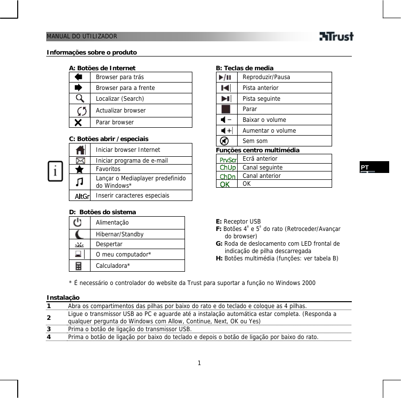 MANUAL DO UTILIZADOR   1PT  Informações sobre o produto  A: Botões de Internet  Browser para trás  Browser para a frente  Localizar (Search)  Actualizar browser  Parar browser  C: Botões abrir /especiais  Iniciar browser Internet  Iniciar programa de e-mail  Favoritos     Lançar o Mediaplayer predefinido do Windows*  Inserir caracteres especiais  D:  Botões do sistema  Alimentação  Hibernar/Standby   Despertar  O meu computador*  Calculadora*   B: Teclas de media  Reproduzir/Pausa  Pista anterior  Pista seguinte  Parar  Baixar o volume  Aumentar o volume  Sem som Funções centro multimédia  Ecrã anterior  Canal seguinte  Canal anterior  OK     E: Receptor USB F: Botões 4PºP e 5PºP do rato (Retroceder/Avançar do browser) G: Roda de deslocamento com LED frontal de indicação de pilha descarregada H: Botões multimédia (funções: ver tabela B)   * É necessário o controlador do website da Trust para suportar a função no Windows 2000  Instalação 1  Abra os compartimentos das pilhas por baixo do rato e do teclado e coloque as 4 pilhas. 2  Ligue o transmissor USB ao PC e aguarde até a instalação automática estar completa. (Responda a qualquer pergunta do Windows com Allow, Continue, Next, OK ou Yes)  3  Prima o botão de ligação do transmissor USB.  4  Prima o botão de ligação por baixo do teclado e depois o botão de ligação por baixo do rato.  