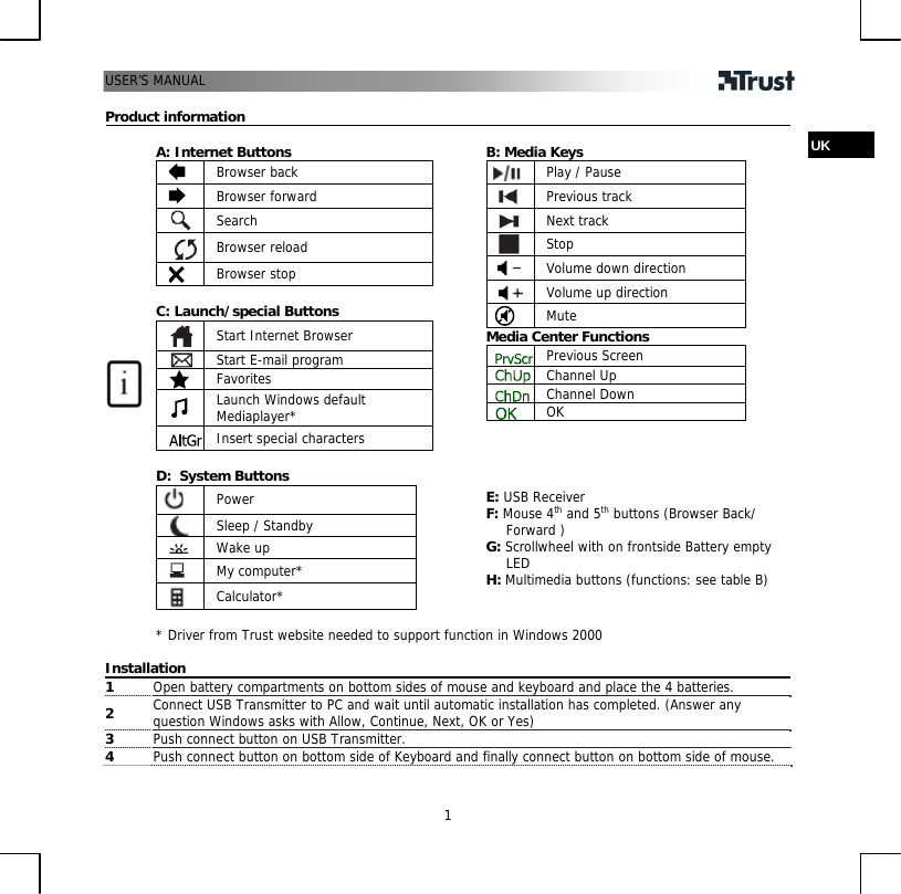 USER’S 1 MANUAL   Product information  A: Internet Buttons  Browser back  Browser forward  Search  Browser reload  Browser stop  C: Launch/special Buttons  Start Internet Browser  Start E-mail program  Favorites     Launch Windows default Mediaplayer*  Insert special characters  D:  System Buttons  Power  Sleep / Standby   Wake up  My computer*  Calculator*   B: Media Keys  Play / Pause  Previous track  Next track  Stop  Volume down direction  Volume up direction  Mute Media Center Functions  Previous Screen  Channel Up  Channel Down  OK     E: USB Receiver F: Mouse 4th and 5th buttons (Browser Back/ Forward ) G: Scrollwheel with on frontside Battery empty LED H: Multimedia buttons (functions: see table B)   * Driver from Trust website needed to support function in Windows 2000 UK  Installation 1  Open battery compartments on bottom sides of mouse and keyboard and place the 4 batteries. 2  Connect USB Transmitter to PC and wait until automatic installation has completed. (Answer any question Windows asks with Allow, Continue, Next, OK or Yes)   3  Push connect button on USB Transmitter.  4  Push connect button on bottom side of Keyboard and finally connect button on bottom side of mouse.  