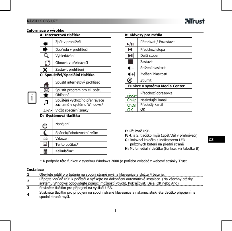 NÁVOD K OBSLUZE  1 Informace o výrobku A: Internetová tlačítka   Zpět v prohlížeči  Dopředu v prohlížeči  Vyhledávání  Obnovit v přehrávači  Zastavit prohlížení C: Spouštěcí/Speciální tlačítka   Spustit internetový prohlížeč  Spustit program pro el. poštu  Oblíbené     Spuštění výchozího přehrávače záznamů v systému Windows*  Vložit speciální znaky D:  Systémová tlačítka   Napájení  Spánek/Pohotovostní režim  Vzbuzení  Tento počítač*  Kalkulačka*  B: Klávesy pro média   Přehrávat / Pozastavit  Předchozí stopa  Další stopa  Zastavit  Snížení hlasitosti  Zvýšení hlasitosti  Ztlumit Funkce v systému Media Center   Předchozí obrazovka  Následující kanál  Předešlý kanál  OK     E: Přijímač USB F: 4. a 5. tlačítko myši (Zpět/Dál v přehrávači) G: Rolovací kolečko s indikátorem LED prázdných baterií na přední straně H: Multimediální tlačítka (funkce: viz tabulku B)   * K podpoře této funkce v systému Windows 2000 je potřeba ovladač z webové stránky Trust CZ  Instalace 1  Otevřete oddíl pro baterie na spodní straně myši a klávesnice a vložte 4 baterie. 2  Připojte vysílač USB k počítači a vyčkejte na dokončení automatické instalace. (Na všechny otázky systému Windows odpovídejte pomocí možností Povolit, Pokračovat, Dále, OK nebo Ano) 3  Stiskněte tlačítko pro připojení na vysílači USB.  4  Stiskněte tlačítko pro připojení na spodní straně klávesnice a nakonec stiskněte tlačítko připojení na spodní straně myši.  