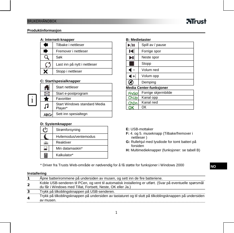 BRUKERHÅNDBOK  1 Produktinformasjon  A: Internett-knapper  Tilbake i nettleser  Fremover i nettleser  Søk  Last inn på nytt i nettleser  Stopp i nettleser  C: Start/spesialknapper  Start nettleser  Start e-postprogram  Favoritter     Start Windows standard Media Player*  Sett inn spesialtegn  D: Systemknapper  Strømforsyning  Hvilemodus/ventemodus   Reaktiver  Min datamaskin*  Kalkulator*   B: Medietaster  Spill av / pause  Forrige spor  Neste spor  Stopp  Volum ned  Volum opp  Demping Media Center-funksjoner  Forrige skjermbilde  Kanal opp  Kanal ned  OK     E: USB-mottaker F: 4. og 5. museknapp (Tilbake/fremover i nettleser ) G: Rullehjul med lysdiode for tomt batteri på forsiden H: Multimedieknapper (funksjoner: se tabell B)   * Driver fra Trusts Web-område er nødvendig for å få støtte for funksjoner i Windows 2000 NO  Installering 1  Åpne batterirommene på undersiden av musen, og sett inn de fire batteriene. 2  Koble USB-senderen til PCen, og vent til automatisk installering er utført. (Svar på eventuelle spørsmål du får i Windows med Tillat, Fortsett, Neste, OK eller Ja.)  3  Trykk på tilkoblingsknappen på USB-senderen.  4  Trykk på tilkoblingsknappen på undersiden av tastaturet og til slutt på tilkoblingsknappen på undersiden av musen.  