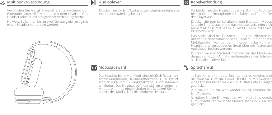 Verbinden Sie das Headset über ein 3,5-mm-Audioka-bel mit einem Smartphone oder Tablet und führen Sie den Player aus. Drücken Sie zum Umschalten in den Bluetooth-Modus kurz die Ein-/Austaste und das Headset verbindet sich automatisch mit dem zuletzt verbundenen Bluetooth-Gerät.Das Audiokabel mit Fernbedienung und Mikrofon ist mit zahlreichen Smartphones, Tablets und anderen Mobilgeräten kompatibel. Im Kabelmodus können Headset und verbundenes Gerät über die Tasten am Audiokabel bedient werden:Drücken Sie zum Starten/Unterbrechen der Musikwie-dergabe und zum Annehmen/Beenden eines Telefon-ats kurz die mittlere Taste.Drücken Sie die Ein-/Austaste zum starten/unterbrech-en der Musikwiedergabe kurz.1. Zum Annehmen oder Beenden eines Anrufes und drücken Sie kurz die Ein-/Austaste. Zum Abweisen eines Anrufes halten Sie die Ein-/Austaste etwas länger gedrückt.2. Drücken Sie zur Wahlwiederholung zweimal die Ein-/Austaste.3. Halten Sie die Ein-/Austaste während eines Anrufs zum Umschalten zwischen Mobiltelefon und Headset gedrückt.KabelverbindungAudioplayerVerbinden Sie Gerät 1, Gerät 2 entsprechend der Bluetooth- oder NFC-Methode mit dem Headset. Das Headset arbeitet bei erfolgreicher Verbindung normal.Hinweis: Es können bis zu zwei Geräte gleichzeitig mit einem Headset verbunden werden.Multipunkt-VerbindungSprachanrufDas Headset bietet vier Modi, einschließlich Rauschunt-erdrückungsmodus, 3D-Klangeﬀektmodus, Rauschunt-erdrückungs- und 3D-Klangeﬀektmodus und allgemein-en Modus. Das Headset beﬁndet sich im allgemeinen Modus, wenn es eingeschaltet ist. Drücken Sie zum Ändern des Modus kurz die Moduswechseltaste.Modusauswahl4