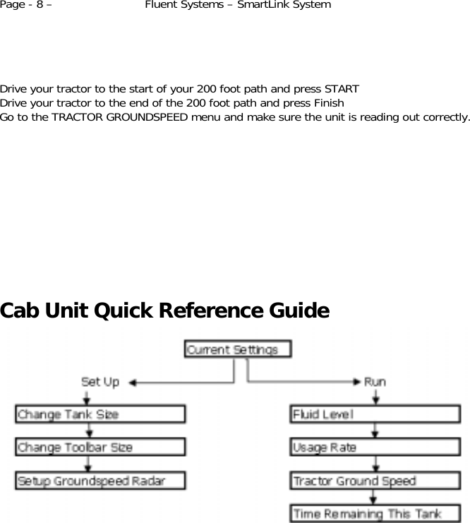 Page - 8 –  Fluent Systems – SmartLink System      Drive your tractor to the start of your 200 foot path and press START Drive your tractor to the end of the 200 foot path and press Finish Go to the TRACTOR GROUNDSPEED menu and make sure the unit is reading out correctly.            Cab Unit Quick Reference Guide  