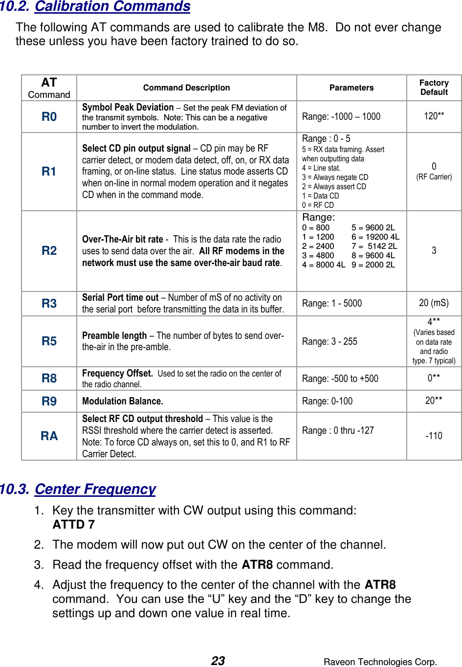  23  Raveon Technologies Corp.  10.2. Calibration Commands The following AT commands are used to calibrate the M8.  Do not ever change these unless you have been factory trained to do so.   AT Command Command Description Parameters Factory Default  R0 Symbol Peak Deviation – Set the peak FM deviation of the transmit symbols.  Note: This can be a negative number to invert the modulation.  Range: -1000 – 1000 120** R1 Select CD pin output signal – CD pin may be RF carrier detect, or modem data detect, off, on, or RX data framing, or on-line status.  Line status mode asserts CD when on-line in normal modem operation and it negates CD when in the command mode.  Range : 0 - 5 5 = RX data framing. Assert when outputting data 4 = Line stat.  3 = Always negate CD 2 = Always assert CD 1 = Data CD 0 = RF CD 0 (RF Carrier) R2 Over-The-Air bit rate -  This is the data rate the radio uses to send data over the air.  All RF modems in the network must use the same over-the-air baud rate.   Range: 0 = 800  5 = 9600 2L 1 = 1200  6 = 19200 4L 2 = 2400  7 =  5142 2L 3 = 4800  8 = 9600 4L 4 = 8000 4L  9 = 2000 2L     3 R3 Serial Port time out – Number of mS of no activity on the serial port  before transmitting the data in its buffer.  Range: 1 - 5000 20 (mS) R5 Preamble length – The number of bytes to send over-the-air in the pre-amble.  Range: 3 - 255 4** (Varies based on data rate and radio type. 7 typical) R8 Frequency Offset.  Used to set the radio on the center of the radio channel.   Range: -500 to +500 0** R9 Modulation Balance.   Range: 0-100 20** RA Select RF CD output threshold – This value is the RSSI threshold where the carrier detect is asserted.  Note: To force CD always on, set this to 0, and R1 to RF Carrier Detect.  Range : 0 thru -127  -110  10.3. Center Frequency 1.  Key the transmitter with CW output using this command: ATTD 7 2.  The modem will now put out CW on the center of the channel.  3.  Read the frequency offset with the ATR8 command. 4.  Adjust the frequency to the center of the channel with the ATR8 command.  You can use the “U” key and the “D” key to change the settings up and down one value in real time.   