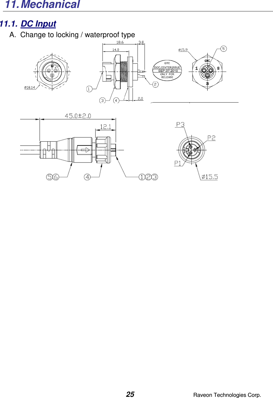  25  Raveon Technologies Corp.  11. Mechanical  11.1. DC Input A.  Change to locking / waterproof type         