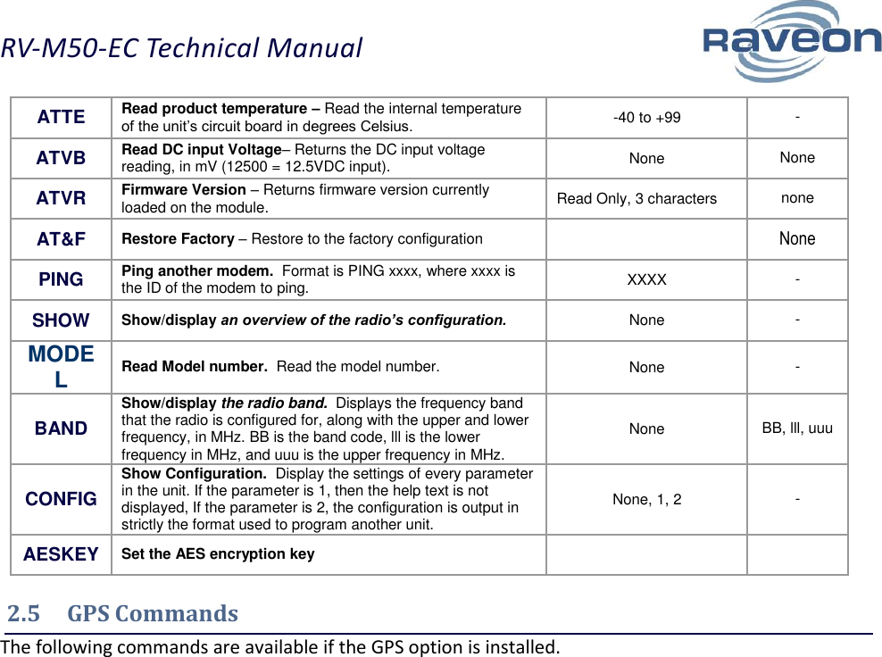 RV-M50-EC Technical Manual  8 ATTE Read product temperature – Read the internal temperature of the unit’s circuit board in degrees Celsius.  -40 to +99 - ATVB Read DC input Voltage– Returns the DC input voltage reading, in mV (12500 = 12.5VDC input).  None None ATVR Firmware Version – Returns firmware version currently loaded on the module.  Read Only, 3 characters none  AT&amp;F Restore Factory – Restore to the factory configuration   None PING Ping another modem.  Format is PING xxxx, where xxxx is the ID of the modem to ping.  XXXX - SHOW Show/display an overview of the radio’s configuration. None - MODEL Read Model number.  Read the model number.  None - BAND Show/display the radio band.  Displays the frequency band that the radio is configured for, along with the upper and lower frequency, in MHz. BB is the band code, lll is the lower frequency in MHz, and uuu is the upper frequency in MHz. None BB, lll, uuu CONFIG Show Configuration.  Display the settings of every parameter in the unit. If the parameter is 1, then the help text is not displayed, If the parameter is 2, the configuration is output in strictly the format used to program another unit. None, 1, 2 - AESKEY Set the AES encryption key   2.5  GPS Commands The following commands are available if the GPS option is installed. 