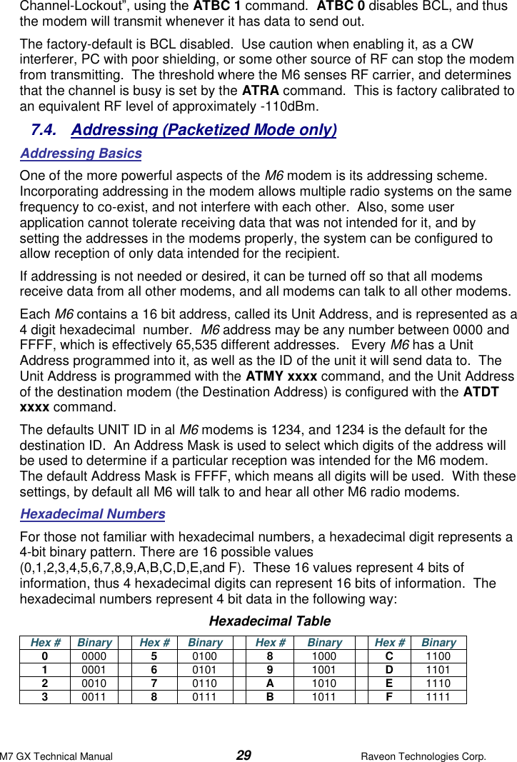 M7 GX Technical Manual  29  Raveon Technologies Corp. Channel-Lockout”, using the ATBC 1 command.  ATBC 0 disables BCL, and thus the modem will transmit whenever it has data to send out.   The factory-default is BCL disabled.  Use caution when enabling it, as a CW interferer, PC with poor shielding, or some other source of RF can stop the modem from transmitting.  The threshold where the M6 senses RF carrier, and determines that the channel is busy is set by the ATRA command.  This is factory calibrated to an equivalent RF level of approximately -110dBm.   7.4.  Addressing (Packetized Mode only) Addressing Basics  One of the more powerful aspects of the M6 modem is its addressing scheme.  Incorporating addressing in the modem allows multiple radio systems on the same frequency to co-exist, and not interfere with each other.  Also, some user application cannot tolerate receiving data that was not intended for it, and by setting the addresses in the modems properly, the system can be configured to allow reception of only data intended for the recipient.   If addressing is not needed or desired, it can be turned off so that all modems receive data from all other modems, and all modems can talk to all other modems.  Each M6 contains a 16 bit address, called its Unit Address, and is represented as a 4 digit hexadecimal  number.  M6 address may be any number between 0000 and FFFF, which is effectively 65,535 different addresses.   Every M6 has a Unit Address programmed into it, as well as the ID of the unit it will send data to.  The Unit Address is programmed with the ATMY xxxx command, and the Unit Address of the destination modem (the Destination Address) is configured with the ATDT xxxx command.   The defaults UNIT ID in al M6 modems is 1234, and 1234 is the default for the destination ID.  An Address Mask is used to select which digits of the address will be used to determine if a particular reception was intended for the M6 modem.  The default Address Mask is FFFF, which means all digits will be used.  With these settings, by default all M6 will talk to and hear all other M6 radio modems.  Hexadecimal Numbers For those not familiar with hexadecimal numbers, a hexadecimal digit represents a 4-bit binary pattern. There are 16 possible values (0,1,2,3,4,5,6,7,8,9,A,B,C,D,E,and F).  These 16 values represent 4 bits of information, thus 4 hexadecimal digits can represent 16 bits of information.  The hexadecimal numbers represent 4 bit data in the following way: Hexadecimal Table Hex # Binary  Hex # Binary  Hex # Binary  Hex # Binary 0 0000  5 0100  8 1000  C 1100 1 0001  6 0101  9 1001  D 1101 2 0010  7 0110  A 1010  E 1110 3 0011  8 0111  B 1011  F 1111 