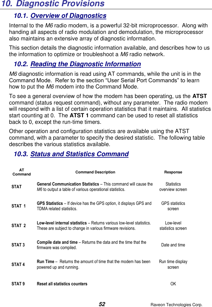  52  Raveon Technologies Corp.  10.  Diagnostic Provisions 10.1. Overview of Diagnostics Internal to the M6 radio modem, is a powerful 32-bit microprocessor.  Along with handing all aspects of radio modulation and demodulation, the microprocessor also maintains an extensive array of diagnostic information.   This section details the diagnostic information available, and describes how to us the information to optimize or troubleshoot a M6 radio network.     10.2. Reading the Diagnostic Information  M6 diagnostic information is read using AT commands, while the unit is in the Command Mode.  Refer to the section “User Serial Port Commands” to learn how to put the M6 modem into the Command Mode.   To see a general overview of how the modem has been operating, us the ATST command (status request command), without any parameter.  The radio modem will respond with a list of certain operation statistics that it maintains.  All statistics start counting at 0.  The ATST 1 command can be used to reset all statistics back to 0, except the run-time timers. Other operation and configuration statistics are available using the ATST command, with a parameter to specify the desired statistic.  The following table describes the various statistics available.  10.3. Status and Statistics Command  AT Command Command Description Response STAT General Communication Statistics – This command will cause the M6 to output a table of various operational statistics.  Statistics overview screen STAT  1 GPS Statistics – If device has the GPS option, it displays GPS and TDMA related statistics.   GPS statistics screen STAT  2 Low-level internal statistics – Returns various low-level statistics.  These are subject to change in various firmware revisions.  Low-level statistics screen STAT 3 Compile date and time – Returns the data and the time that the firmware was compiled.   Date and time STAT 4 Run Time –  Returns the amount of time that the modem has been powered up and running.    Run time display screen STAT 9 Reset all statistics counters  OK   