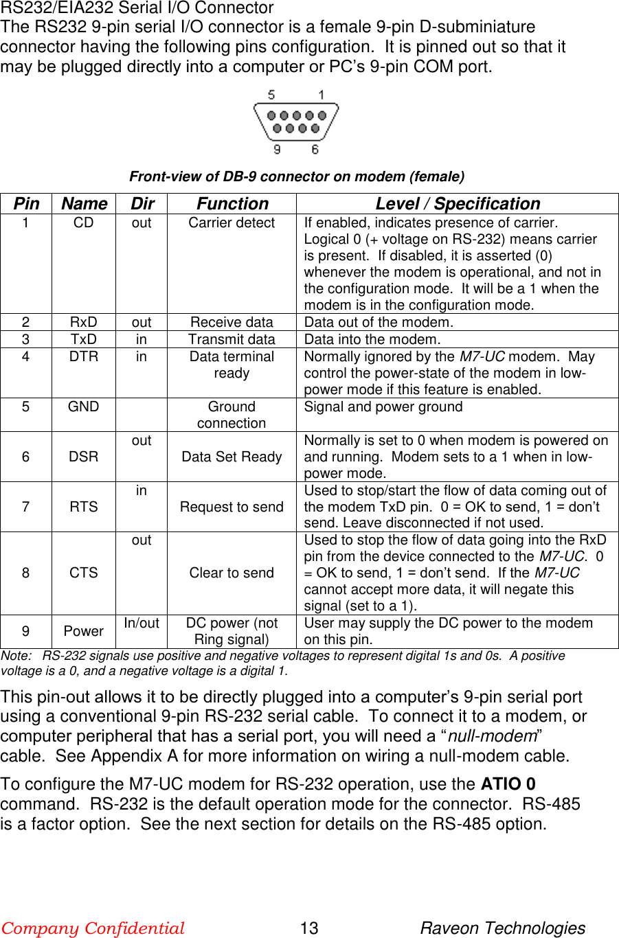 Company Confidential                        13                     Raveon Technologies  RS232/EIA232 Serial I/O Connector The RS232 9-pin serial I/O connector is a female 9-pin D-subminiature connector having the following pins configuration.  It is pinned out so that it may be plugged directly into a computer or PC’s 9-pin COM port.    Front-view of DB-9 connector on modem (female) Pin Name Dir Function Level / Specification 1 CD out Carrier detect If enabled, indicates presence of carrier.  Logical 0 (+ voltage on RS-232) means carrier is present.  If disabled, it is asserted (0) whenever the modem is operational, and not in the configuration mode.  It will be a 1 when the modem is in the configuration mode.  2 RxD out Receive data Data out of the modem.  3 TxD in Transmit data Data into the modem. 4 DTR in Data terminal ready Normally ignored by the M7-UC modem.  May control the power-state of the modem in low-power mode if this feature is enabled. 5 GND  Ground connection Signal and power ground  6 DSR out Data Set Ready Normally is set to 0 when modem is powered on and running.  Modem sets to a 1 when in low-power mode.   7 RTS in Request to send Used to stop/start the flow of data coming out of the modem TxD pin.  0 = OK to send, 1 = don’t send. Leave disconnected if not used.  8 CTS out Clear to send Used to stop the flow of data going into the RxD pin from the device connected to the M7-UC.  0 = OK to send, 1 = don’t send.  If the M7-UC cannot accept more data, it will negate this signal (set to a 1).  9 Power In/out DC power (not Ring signal) User may supply the DC power to the modem on this pin.   Note:   RS-232 signals use positive and negative voltages to represent digital 1s and 0s.  A positive voltage is a 0, and a negative voltage is a digital 1. This pin-out allows it to be directly plugged into a computer’s 9-pin serial port using a conventional 9-pin RS-232 serial cable.  To connect it to a modem, or computer peripheral that has a serial port, you will need a “null-modem” cable.  See Appendix A for more information on wiring a null-modem cable.  To configure the M7-UC modem for RS-232 operation, use the ATIO 0 command.  RS-232 is the default operation mode for the connector.  RS-485 is a factor option.  See the next section for details on the RS-485 option.     