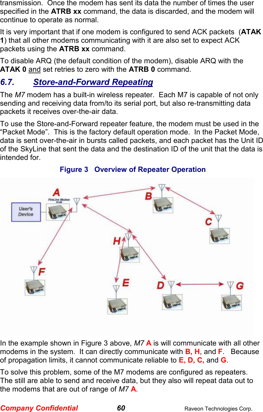 Company Confidential 60  Raveon Technologies Corp. transmission.  Once the modem has sent its data the number of times the user specified in the ATRB xx command, the data is discarded, and the modem will continue to operate as normal.    It is very important that if one modem is configured to send ACK packets  (ATAK 1) that all other modems communicating with it are also set to expect ACK packets using the ATRB xx command.  To disable ARQ (the default condition of the modem), disable ARQ with the ATAK 0 and set retries to zero with the ATRB 0 command.  6.7.  Store-and-Forward Repeating The M7 modem has a built-in wireless repeater.  Each M7 is capable of not only sending and receiving data from/to its serial port, but also re-transmitting data packets it receives over-the-air data.   To use the Store-and-Forward repeater feature, the modem must be used in the “Packet Mode”.  This is the factory default operation mode.  In the Packet Mode, data is sent over-the-air in bursts called packets, and each packet has the Unit ID of the SkyLine that sent the data and the destination ID of the unit that the data is intended for.     Figure 3   Overview of Repeater Operation            In the example shown in Figure 3 above, M7 A is will communicate with all other modems in the system.  It can directly communicate with B, H, and F.   Because of propagation limits, it cannot communicate reliable to E, D, C, and G.  To solve this problem, some of the M7 modems are configured as repeaters.  The still are able to send and receive data, but they also will repeat data out to the modems that are out of range of M7 A.  