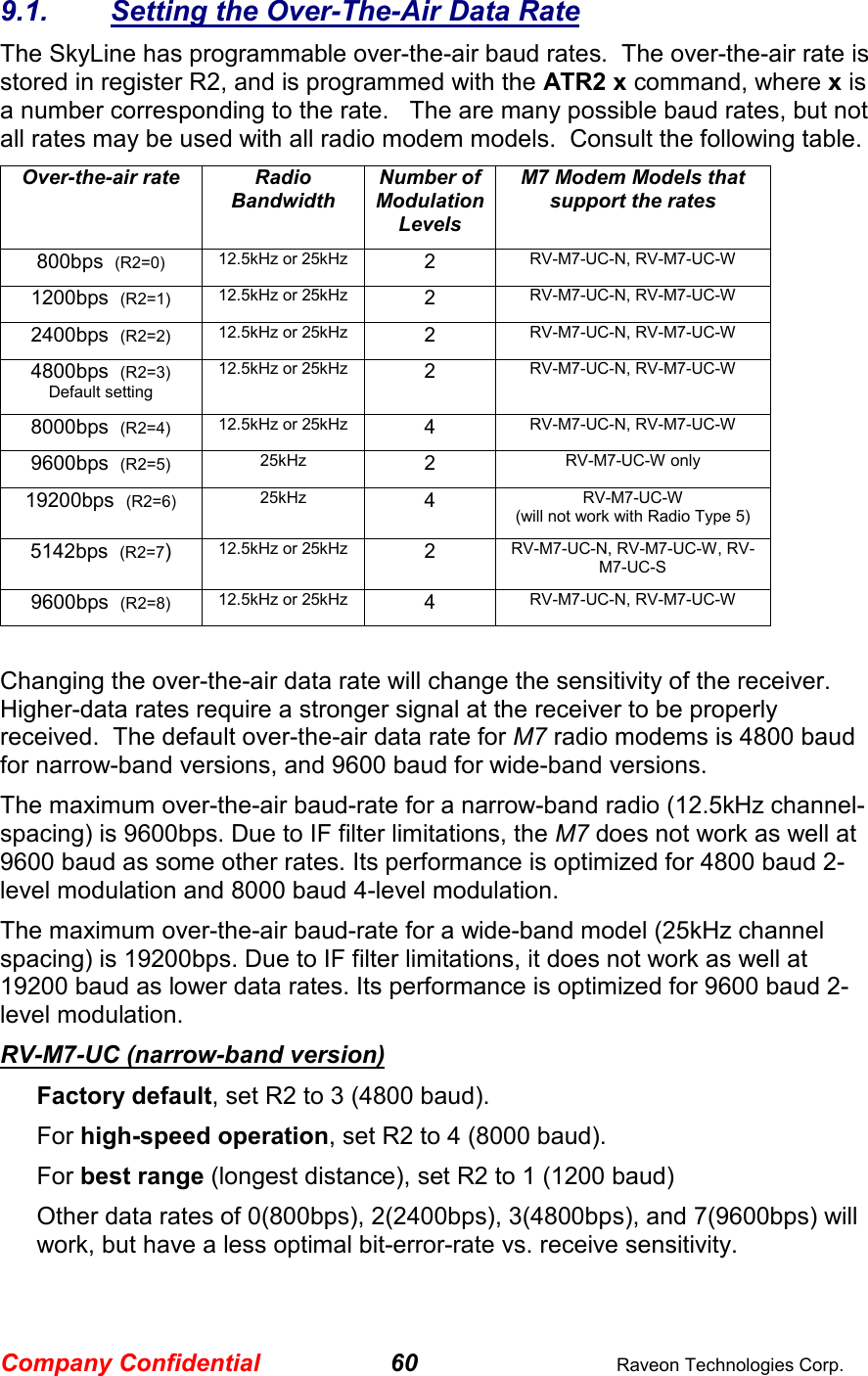 Company Confidential 60  Raveon Technologies Corp. 9.1.  Setting the Over-The-Air Data Rate The SkyLine has programmable over-the-air baud rates.  The over-the-air rate is stored in register R2, and is programmed with the ATR2 x command, where x is a number corresponding to the rate.   The are many possible baud rates, but not all rates may be used with all radio modem models.  Consult the following table. Over-the-air rate  Radio Bandwidth Number of Modulation Levels M7 Modem Models that support the rates 800bps  (R2=0) 12.5kHz or 25kHz  2  RV-M7-UC-N, RV-M7-UC-W 1200bps  (R2=1) 12.5kHz or 25kHz  2  RV-M7-UC-N, RV-M7-UC-W 2400bps  (R2=2) 12.5kHz or 25kHz  2  RV-M7-UC-N, RV-M7-UC-W 4800bps  (R2=3) Default setting 12.5kHz or 25kHz  2  RV-M7-UC-N, RV-M7-UC-W 8000bps  (R2=4) 12.5kHz or 25kHz  4  RV-M7-UC-N, RV-M7-UC-W 9600bps  (R2=5) 25kHz  2  RV-M7-UC-W only 19200bps  (R2=6) 25kHz  4  RV-M7-UC-W (will not work with Radio Type 5) 5142bps  (R2=7)  12.5kHz or 25kHz  2  RV-M7-UC-N, RV-M7-UC-W, RV-M7-UC-S 9600bps  (R2=8) 12.5kHz or 25kHz  4  RV-M7-UC-N, RV-M7-UC-W  Changing the over-the-air data rate will change the sensitivity of the receiver.  Higher-data rates require a stronger signal at the receiver to be properly received.  The default over-the-air data rate for M7 radio modems is 4800 baud for narrow-band versions, and 9600 baud for wide-band versions.   The maximum over-the-air baud-rate for a narrow-band radio (12.5kHz channel-spacing) is 9600bps. Due to IF filter limitations, the M7 does not work as well at 9600 baud as some other rates. Its performance is optimized for 4800 baud 2-level modulation and 8000 baud 4-level modulation.   The maximum over-the-air baud-rate for a wide-band model (25kHz channel spacing) is 19200bps. Due to IF filter limitations, it does not work as well at 19200 baud as lower data rates. Its performance is optimized for 9600 baud 2-level modulation.  RV-M7-UC (narrow-band version) Factory default, set R2 to 3 (4800 baud).  For high-speed operation, set R2 to 4 (8000 baud).  For best range (longest distance), set R2 to 1 (1200 baud) Other data rates of 0(800bps), 2(2400bps), 3(4800bps), and 7(9600bps) will work, but have a less optimal bit-error-rate vs. receive sensitivity.   
