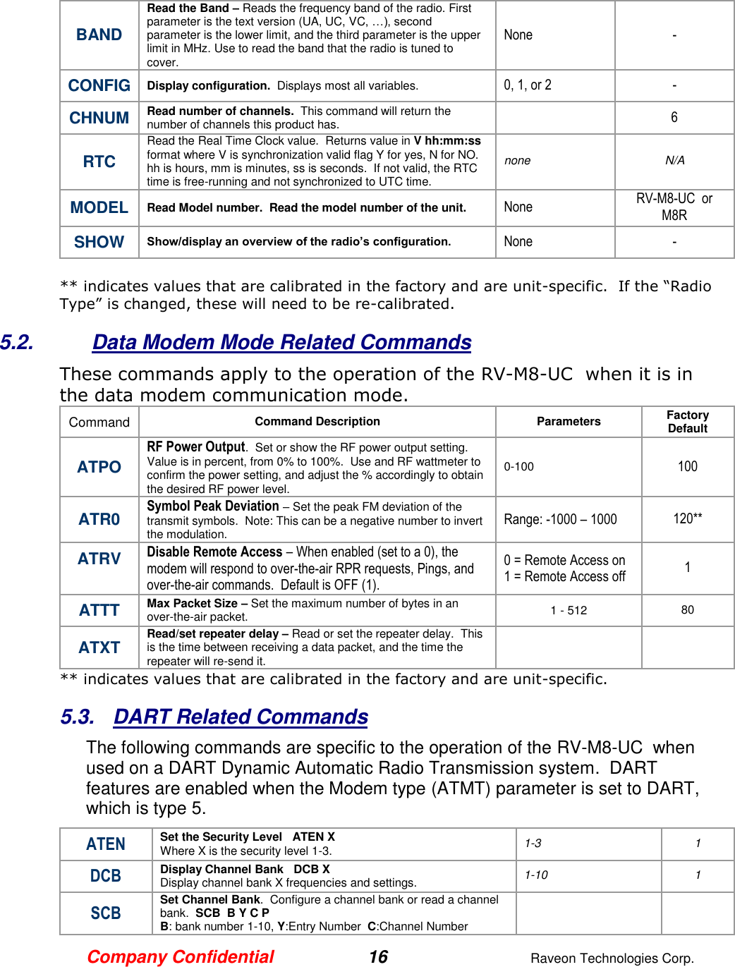 Company Confidential 16  Raveon Technologies Corp.  BAND Read the Band – Reads the frequency band of the radio. First parameter is the text version (UA, UC, VC, …), second parameter is the lower limit, and the third parameter is the upper limit in MHz. Use to read the band that the radio is tuned to cover.  None - CONFIG Display configuration.  Displays most all variables.  0, 1, or 2 - CHNUM Read number of channels.  This command will return the number of channels this product has.    6 RTC Read the Real Time Clock value.  Returns value in V hh:mm:ss format where V is synchronization valid flag Y for yes, N for NO.  hh is hours, mm is minutes, ss is seconds.  If not valid, the RTC time is free-running and not synchronized to UTC time. none N/A MODEL Read Model number.  Read the model number of the unit. None RV-M8-UC  or M8R SHOW Show/display an overview of the radio’s configuration. None -  ** indicates values that are calibrated in the factory and are unit-specific.  If the “Radio Type” is changed, these will need to be re-calibrated.   5.2.  Data Modem Mode Related Commands These commands apply to the operation of the RV-M8-UC  when it is in the data modem communication mode.   Command Command Description Parameters Factory Default  ATPO RF Power Output.  Set or show the RF power output setting.  Value is in percent, from 0% to 100%.  Use and RF wattmeter to confirm the power setting, and adjust the % accordingly to obtain the desired RF power level.   0-100 100 ATR0 Symbol Peak Deviation – Set the peak FM deviation of the transmit symbols.  Note: This can be a negative number to invert the modulation.  Range: -1000 – 1000 120** ATRV  Disable Remote Access – When enabled (set to a 0), the modem will respond to over-the-air RPR requests, Pings, and over-the-air commands.  Default is OFF (1).   0 = Remote Access on 1 = Remote Access off 1 ATTT Max Packet Size – Set the maximum number of bytes in an over-the-air packet.   1 - 512 80 ATXT Read/set repeater delay – Read or set the repeater delay.  This is the time between receiving a data packet, and the time the repeater will re-send it.    ** indicates values that are calibrated in the factory and are unit-specific.    5.3.  DART Related Commands The following commands are specific to the operation of the RV-M8-UC  when used on a DART Dynamic Automatic Radio Transmission system.  DART features are enabled when the Modem type (ATMT) parameter is set to DART, which is type 5.   ATEN Set the Security Level   ATEN X Where X is the security level 1-3.  1-3 1 DCB Display Channel Bank   DCB X Display channel bank X frequencies and settings.  1-10 1 SCB Set Channel Bank.  Configure a channel bank or read a channel bank.  SCB  B Y C P    B: bank number 1-10, Y:Entry Number  C:Channel Number    