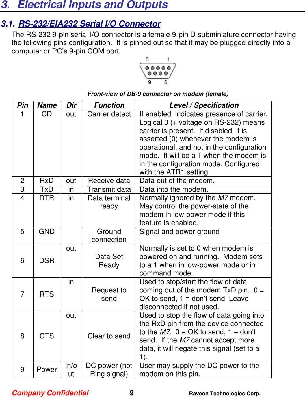 Company Confidential   9 Raveon Technologies Corp.  3.  Electrical Inputs and Outputs 3.1. RS-232/EIA232 Serial I/O Connector The RS-232 9-pin serial I/O connector is a female 9-pin D-subminiature connector having the following pins configuration.  It is pinned out so that it may be plugged directly into a computer or PC’s 9-pin COM port.    Front-view of DB-9 connector on modem (female) Pin Name Dir Function Level / Specification 1 CD out Carrier detect If enabled, indicates presence of carrier.  Logical 0 (+ voltage on RS-232) means carrier is present.  If disabled, it is asserted (0) whenever the modem is operational, and not in the configuration mode.  It will be a 1 when the modem is in the configuration mode. Configured with the ATR1 setting. 2 RxD out Receive data Data out of the modem.  3 TxD in Transmit data Data into the modem. 4 DTR in Data terminal ready Normally ignored by the M7 modem.  May control the power-state of the modem in low-power mode if this feature is enabled. 5 GND  Ground connection Signal and power ground  6 DSR out Data Set Ready Normally is set to 0 when modem is powered on and running.  Modem sets to a 1 when in low-power mode or in command mode.  7 RTS in Request to send Used to stop/start the flow of data coming out of the modem TxD pin.  0 = OK to send, 1 = don’t send. Leave disconnected if not used.  8 CTS out Clear to send Used to stop the flow of data going into the RxD pin from the device connected to the M7.  0 = OK to send, 1 = don’t send.  If the M7 cannot accept more data, it will negate this signal (set to a 1).  9 Power In/out DC power (not Ring signal) User may supply the DC power to the modem on this pin.    