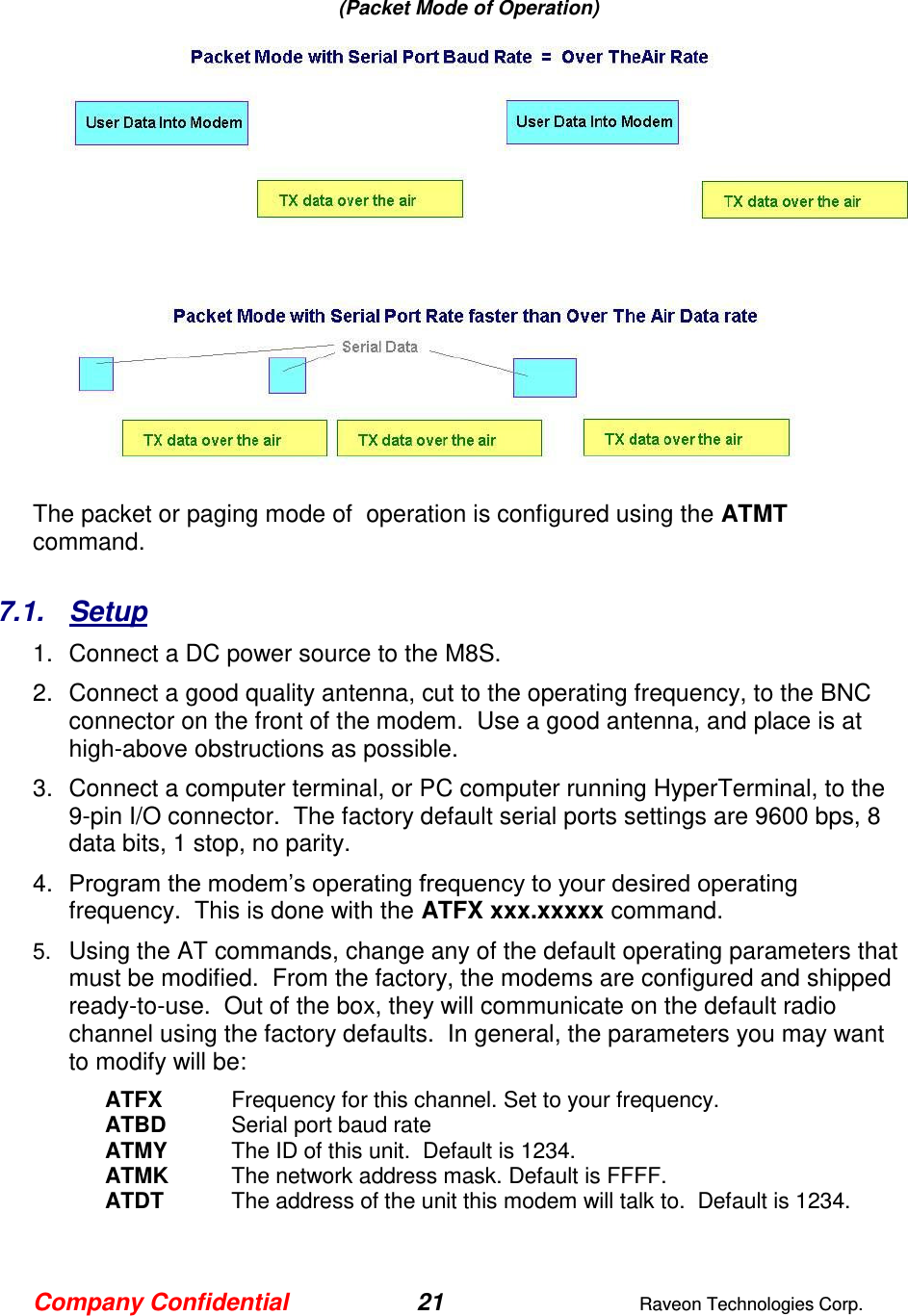Company Confidential 21  Raveon Technologies Corp.   (Packet Mode of Operation)  The packet or paging mode of  operation is configured using the ATMT command.   7.1.  Setup 1.  Connect a DC power source to the M8S.   2.  Connect a good quality antenna, cut to the operating frequency, to the BNC connector on the front of the modem.  Use a good antenna, and place is at high-above obstructions as possible.   3.  Connect a computer terminal, or PC computer running HyperTerminal, to the 9-pin I/O connector.  The factory default serial ports settings are 9600 bps, 8 data bits, 1 stop, no parity.  4. Program the modem’s operating frequency to your desired operating frequency.  This is done with the ATFX xxx.xxxxx command.   5. Using the AT commands, change any of the default operating parameters that must be modified.  From the factory, the modems are configured and shipped ready-to-use.  Out of the box, they will communicate on the default radio channel using the factory defaults.  In general, the parameters you may want to modify will be: ATFX  Frequency for this channel. Set to your frequency. ATBD  Serial port baud rate ATMY  The ID of this unit.  Default is 1234.  ATMK  The network address mask. Default is FFFF. ATDT  The address of the unit this modem will talk to.  Default is 1234.   