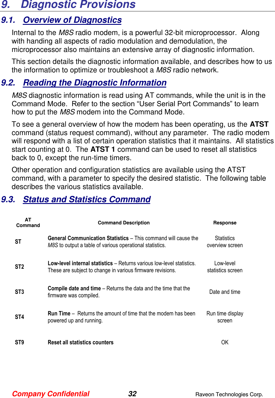 Company Confidential 32  Raveon Technologies Corp.  9.   Diagnostic Provisions 9.1.  Overview of Diagnostics Internal to the M8S radio modem, is a powerful 32-bit microprocessor.  Along with handing all aspects of radio modulation and demodulation, the microprocessor also maintains an extensive array of diagnostic information.   This section details the diagnostic information available, and describes how to us the information to optimize or troubleshoot a M8S radio network.     9.2.  Reading the Diagnostic Information  M8S diagnostic information is read using AT commands, while the unit is in the Command Mode.  Refer to the section “User Serial Port Commands” to learn how to put the M8S modem into the Command Mode.   To see a general overview of how the modem has been operating, us the ATST command (status request command), without any parameter.  The radio modem will respond with a list of certain operation statistics that it maintains.  All statistics start counting at 0.  The ATST 1 command can be used to reset all statistics back to 0, except the run-time timers. Other operation and configuration statistics are available using the ATST command, with a parameter to specify the desired statistic.  The following table describes the various statistics available.  9.3.  Status and Statistics Command  AT Command Command Description Response ST General Communication Statistics – This command will cause the M8S to output a table of various operational statistics.  Statistics overview screen ST2 Low-level internal statistics – Returns various low-level statistics.  These are subject to change in various firmware revisions.  Low-level statistics screen ST3 Compile date and time – Returns the data and the time that the firmware was compiled.   Date and time ST4 Run Time –  Returns the amount of time that the modem has been powered up and running.    Run time display screen ST9 Reset all statistics counters  OK   