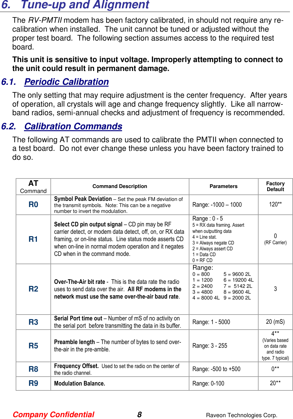 Company Confidential 8  Raveon Technologies Corp.  6.  Tune-up and Alignment The RV-PMTII modem has been factory calibrated, in should not require any re-calibration when installed.  The unit cannot be tuned or adjusted without the proper test board.  The following section assumes access to the required test board. This unit is sensitive to input voltage. Improperly attempting to connect to the unit could result in permanent damage. 6.1.  Periodic Calibration The only setting that may require adjustment is the center frequency.  After years of operation, all crystals will age and change frequency slightly.  Like all narrow-band radios, semi-annual checks and adjustment of frequency is recommended. 6.2.  Calibration Commands The following AT commands are used to calibrate the PMTII when connected to a test board.  Do not ever change these unless you have been factory trained to do so.   AT Command Command Description Parameters Factory Default  R0 Symbol Peak Deviation – Set the peak FM deviation of the transmit symbols.  Note: This can be a negative number to invert the modulation.  Range: -1000 – 1000 120** R1 Select CD pin output signal – CD pin may be RF carrier detect, or modem data detect, off, on, or RX data framing, or on-line status.  Line status mode asserts CD when on-line in normal modem operation and it negates CD when in the command mode.  Range : 0 - 5 5 = RX data framing. Assert when outputting data 4 = Line stat.  3 = Always negate CD 2 = Always assert CD 1 = Data CD 0 = RF CD 0 (RF Carrier) R2 Over-The-Air bit rate -  This is the data rate the radio uses to send data over the air.  All RF modems in the network must use the same over-the-air baud rate.   Range: 0 = 800  5 = 9600 2L 1 = 1200  6 = 19200 4L 2 = 2400  7 =  5142 2L 3 = 4800  8 = 9600 4L 4 = 8000 4L  9 = 2000 2L     3 R3 Serial Port time out – Number of mS of no activity on the serial port  before transmitting the data in its buffer.  Range: 1 - 5000 20 (mS) R5 Preamble length – The number of bytes to send over-the-air in the pre-amble.  Range: 3 - 255 4** (Varies based on data rate and radio type. 7 typical) R8 Frequency Offset.  Used to set the radio on the center of the radio channel.   Range: -500 to +500 0** R9 Modulation Balance.   Range: 0-100 20**  