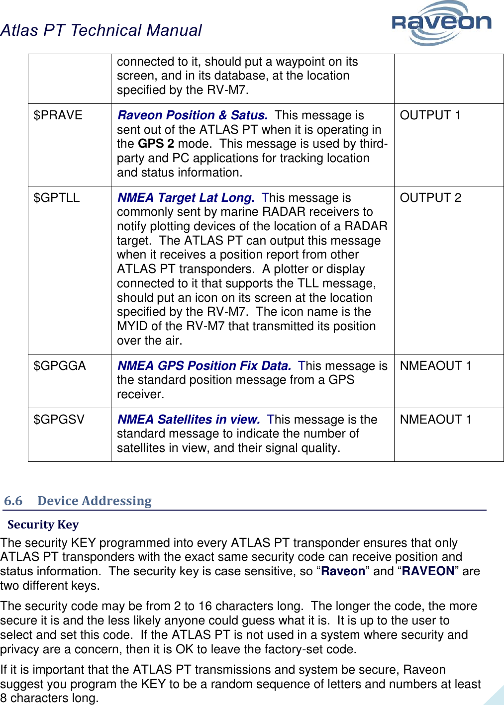 Atlas PT Technical Manual  29 connected to it, should put a waypoint on its screen, and in its database, at the location specified by the RV-M7.  $PRAVE  Raveon Position &amp; Satus.  This message is sent out of the ATLAS PT when it is operating in the GPS 2 mode.  This message is used by third-party and PC applications for tracking location and status information.   OUTPUT 1 $GPTLL NMEA Target Lat Long.  This message is commonly sent by marine RADAR receivers to notify plotting devices of the location of a RADAR target.  The ATLAS PT can output this message when it receives a position report from other ATLAS PT transponders.  A plotter or display connected to it that supports the TLL message, should put an icon on its screen at the location specified by the RV-M7.  The icon name is the MYID of the RV-M7 that transmitted its position over the air.  OUTPUT 2 $GPGGA NMEA GPS Position Fix Data.  This message is the standard position message from a GPS receiver.  NMEAOUT 1 $GPGSV  NMEA Satellites in view.  This message is the standard message to indicate the number of satellites in view, and their signal quality. NMEAOUT 1  6.6  Device Addressing  Security Key The security KEY programmed into every ATLAS PT transponder ensures that only ATLAS PT transponders with the exact same security code can receive position and status information.  The security key is case sensitive, so “Raveon” and “RAVEON” are two different keys.   The security code may be from 2 to 16 characters long.  The longer the code, the more secure it is and the less likely anyone could guess what it is.  It is up to the user to select and set this code.  If the ATLAS PT is not used in a system where security and privacy are a concern, then it is OK to leave the factory-set code.   If it is important that the ATLAS PT transmissions and system be secure, Raveon suggest you program the KEY to be a random sequence of letters and numbers at least 8 characters long.   