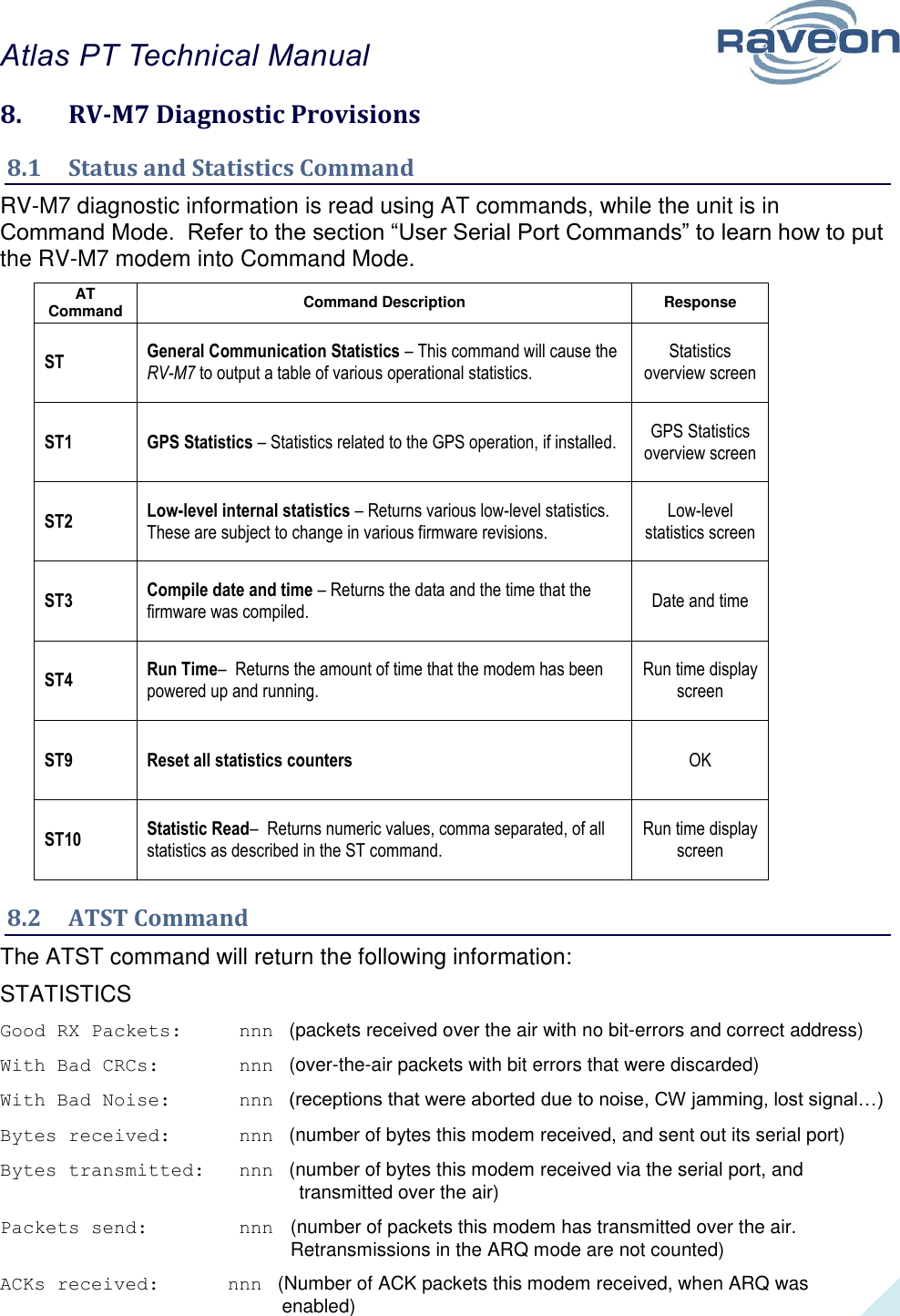 Atlas PT Technical Manual  33 8.  RV-M7 Diagnostic Provisions 8.1  Status and Statistics Command RV-M7 diagnostic information is read using AT commands, while the unit is in Command Mode.  Refer to the section “User Serial Port Commands” to learn how to put the RV-M7 modem into Command Mode.   AT Command Command Description Response ST General Communication Statistics – This command will cause the RV-M7 to output a table of various operational statistics.  Statistics overview screen ST1 GPS Statistics – Statistics related to the GPS operation, if installed.  GPS Statistics overview screen ST2 Low-level internal statistics – Returns various low-level statistics.  These are subject to change in various firmware revisions.  Low-level statistics screen ST3 Compile date and time – Returns the data and the time that the firmware was compiled.   Date and time ST4 Run Time–  Returns the amount of time that the modem has been powered up and running.    Run time display screen ST9 Reset all statistics counters  OK ST10 Statistic Read–  Returns numeric values, comma separated, of all statistics as described in the ST command.      Run time display screen 8.2  ATST Command The ATST command will return the following information: STATISTICS Good RX Packets:     nnn   (packets received over the air with no bit-errors and correct address) With Bad CRCs:       nnn   (over-the-air packets with bit errors that were discarded) With Bad Noise:      nnn   (receptions that were aborted due to noise, CW jamming, lost signal…) Bytes received:      nnn   (number of bytes this modem received, and sent out its serial port) Bytes transmitted:   nnn   (number of bytes this modem received via the serial port, and       transmitted over the air) Packets send:        nnn   (number of packets this modem has transmitted over the air. Retransmissions in the ARQ mode are not counted) ACKs received:      nnn   (Number of ACK packets this modem received, when ARQ was enabled) 
