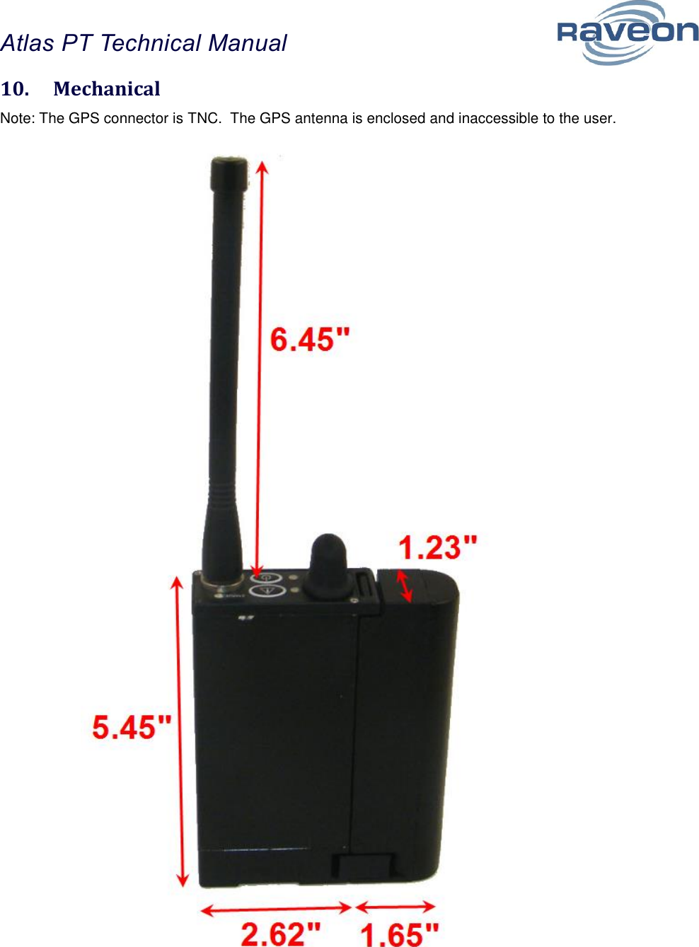 Atlas PT Technical Manual  38 10.  Mechanical Note: The GPS connector is TNC.  The GPS antenna is enclosed and inaccessible to the user.                           