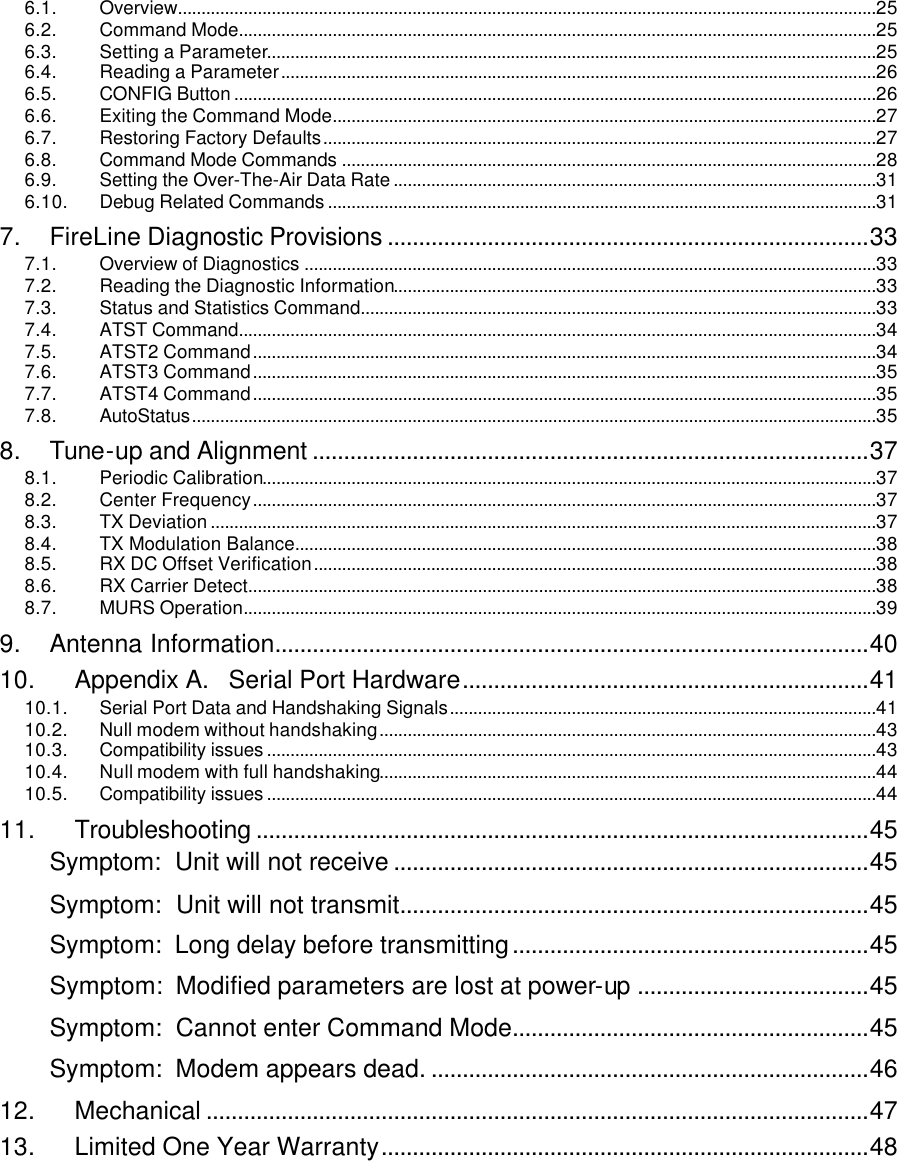 6.1. Overview.....................................................................................................................................................25 6.2. Command Mode........................................................................................................................................25 6.3. Setting a Parameter..................................................................................................................................25 6.4. Reading a Parameter...............................................................................................................................26 6.5. CONFIG Button .........................................................................................................................................26 6.6. Exiting the Command Mode....................................................................................................................27 6.7. Restoring Factory Defaults......................................................................................................................27 6.8. Command Mode Commands ..................................................................................................................28 6.9. Setting the Over-The-Air Data Rate .......................................................................................................31 6.10. Debug Related Commands .....................................................................................................................31 7. FireLine Diagnostic Provisions .............................................................................33 7.1. Overview of Diagnostics ..........................................................................................................................33 7.2. Reading the Diagnostic Information.......................................................................................................33 7.3. Status and Statistics Command..............................................................................................................33 7.4. ATST Command........................................................................................................................................34 7.5. ATST2 Command.....................................................................................................................................34 7.6. ATST3 Command.....................................................................................................................................35 7.7. ATST4 Command.....................................................................................................................................35 7.8. AutoStatus..................................................................................................................................................35 8. Tune-up and Alignment .........................................................................................37 8.1. Periodic Calibration...................................................................................................................................37 8.2. Center Frequency.....................................................................................................................................37 8.3. TX Deviation ..............................................................................................................................................37 8.4. TX Modulation Balance............................................................................................................................38 8.5. RX DC Offset Verification........................................................................................................................38 8.6. RX Carrier Detect......................................................................................................................................38 8.7. MURS Operation.......................................................................................................................................39 9. Antenna Information...............................................................................................40 10. Appendix A.   Serial Port Hardware.................................................................41 10.1. Serial Port Data and Handshaking Signals...........................................................................................41 10.2. Null modem without handshaking..........................................................................................................43 10.3. Compatibility issues ..................................................................................................................................43 10.4. Null modem with full handshaking..........................................................................................................44 10.5. Compatibility issues ..................................................................................................................................44 11. Troubleshooting ..................................................................................................45 Symptom:  Unit will not receive ............................................................................45 Symptom:  Unit will not transmit...........................................................................45 Symptom:  Long delay before transmitting.........................................................45 Symptom:  Modified parameters are lost at power-up .....................................45 Symptom:  Cannot enter Command Mode.........................................................45 Symptom:  Modem appears dead. ......................................................................46 12. Mechanical ..........................................................................................................47 13. Limited One Year Warranty..............................................................................48  