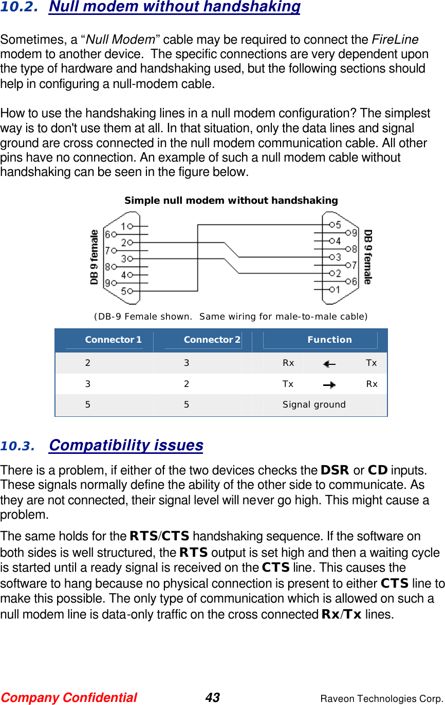 Company Confidential 43 Raveon Technologies Corp.  10.2. Null modem without handshaking Sometimes, a “Null Modem” cable may be required to connect the FireLine modem to another device.  The specific connections are very dependent upon the type of hardware and handshaking used, but the following sections should help in configuring a null-modem cable.  How to use the handshaking lines in a null modem configuration? The simplest way is to don&apos;t use them at all. In that situation, only the data lines and signal ground are cross connected in the null modem communication cable. All other pins have no connection. An example of such a null modem cable without handshaking can be seen in the figure below.  Simple null modem without handshaking  (DB-9 Female shown.  Same wiring for male-to-male cable) Connector 1 Connector 2 Function 2 3 Rx Tx 3 2 Tx Rx 5 5 Signal ground  10.3. Compatibility issues There is a problem, if either of the two devices checks the DSR or CD inputs. These signals normally define the ability of the other side to communicate. As they are not connected, their signal level will never go high. This might cause a problem.  The same holds for the RTS/CTS handshaking sequence. If the software on both sides is well structured, the RTS output is set high and then a waiting cycle is started until a ready signal is received on the CTS line. This causes the software to hang because no physical connection is present to either CTS line to make this possible. The only type of communication which is allowed on such a null modem line is data-only traffic on the cross connected Rx/Tx lines.  