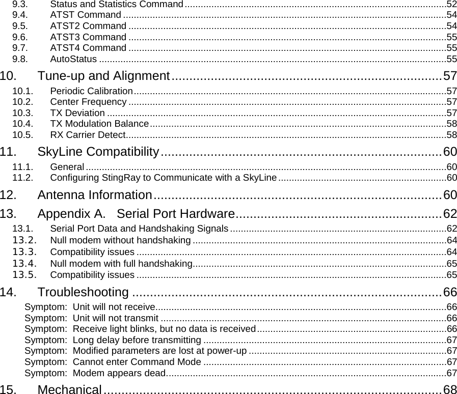 9.3. Status and Statistics Command..................................................................................................52 9.4. ATST Command .........................................................................................................................54 9.5. ATST2 Command .......................................................................................................................54 9.6. ATST3 Command .......................................................................................................................55 9.7. ATST4 Command .......................................................................................................................55 9.8. AutoStatus ..................................................................................................................................55 10. Tune-up and Alignment............................................................................57 10.1. Periodic Calibration.....................................................................................................................57 10.2. Center Frequency .......................................................................................................................57 10.3. TX Deviation ...............................................................................................................................57 10.4. TX Modulation Balance...............................................................................................................58 10.5. RX Carrier Detect........................................................................................................................58 11. SkyLine Compatibility...............................................................................60 11.1. General .......................................................................................................................................60 11.2. Configuring StingRay to Communicate with a SkyLine...............................................................60 12. Antenna Information.................................................................................60 13. Appendix A.   Serial Port Hardware..........................................................62 13.1. Serial Port Data and Handshaking Signals .................................................................................62 13.2. Null modem without handshaking ...............................................................................................64 13.3. Compatibility issues ....................................................................................................................64 13.4. Null modem with full handshaking...............................................................................................65 13.5. Compatibility issues ....................................................................................................................65 14. Troubleshooting .......................................................................................66 Symptom:  Unit will not receive.............................................................................................................66 Symptom:  Unit will not transmit ...........................................................................................................66 Symptom:  Receive light blinks, but no data is received.......................................................................66 Symptom:  Long delay before transmitting ...........................................................................................67 Symptom:  Modified parameters are lost at power-up ..........................................................................67 Symptom:  Cannot enter Command Mode ...........................................................................................67 Symptom:  Modem appears dead.........................................................................................................67 15. Mechanical...............................................................................................68  