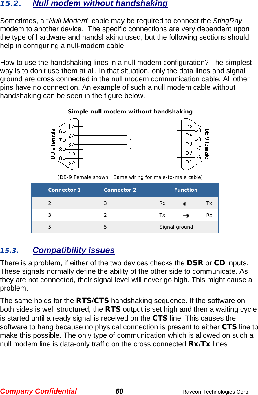 Company Confidential 60  Raveon Technologies Corp.  15.2. Null modem without handshaking Sometimes, a “Null Modem” cable may be required to connect the StingRay modem to another device.  The specific connections are very dependent upon the type of hardware and handshaking used, but the following sections should help in configuring a null-modem cable.  How to use the handshaking lines in a null modem configuration? The simplest way is to don&apos;t use them at all. In that situation, only the data lines and signal ground are cross connected in the null modem communication cable. All other pins have no connection. An example of such a null modem cable without handshaking can be seen in the figure below.  Simple null modem without handshaking  (DB-9 Female shown.  Same wiring for male-to-male cable) Connector 1  Connector 2  Function 2  3  Rx  Tx 3  2  Tx  Rx 5  5  Signal ground  15.3. Compatibility issues There is a problem, if either of the two devices checks the DSR or CD inputs. These signals normally define the ability of the other side to communicate. As they are not connected, their signal level will never go high. This might cause a problem.  The same holds for the RTS/CTS handshaking sequence. If the software on both sides is well structured, the RTS output is set high and then a waiting cycle is started until a ready signal is received on the CTS line. This causes the software to hang because no physical connection is present to either CTS line to make this possible. The only type of communication which is allowed on such a null modem line is data-only traffic on the cross connected Rx/Tx lines.  
