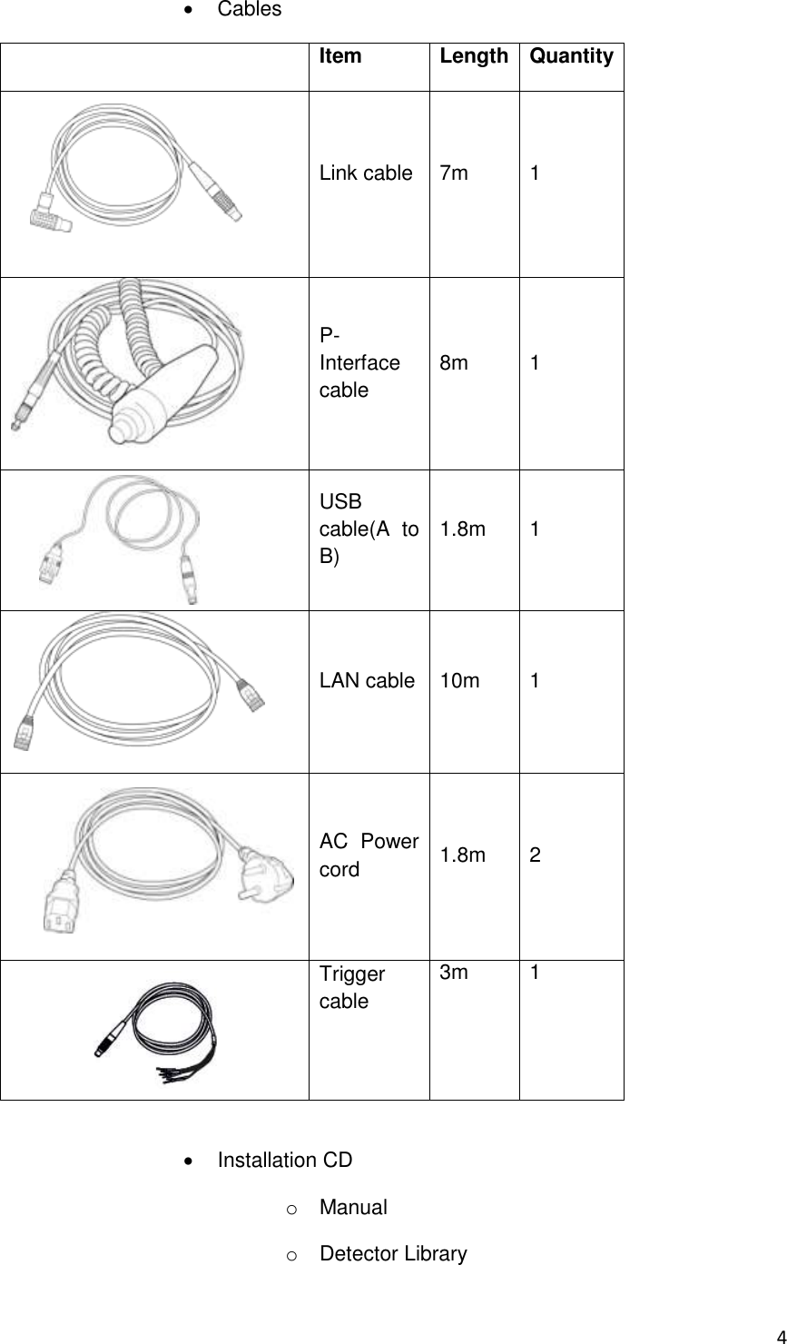 4     Cables  Item Length Quantity       Link cable 7m 1  P-Interface cable 8m 1    USB cable(A  to B) 1.8m 1  LAN cable 10m 1     AC  Power cord 1.8m 2      Trigger cable 3m 1    Installation CD o  Manual o  Detector Library 
