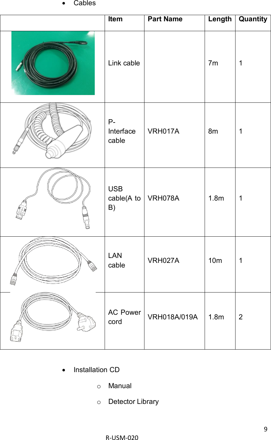 9  R-USM-020          Cables  Item Part Name Length Quantity  Link cable   7m  1  P-Interface cable VRH017A  8m  1  USB cable(A to B) VRH078A  1.8m  1  LAN cable  VRH027A  10m  1  AC Power cord  VRH018A/019A  1.8m  2    Installation CD o  Manual o  Detector Library  