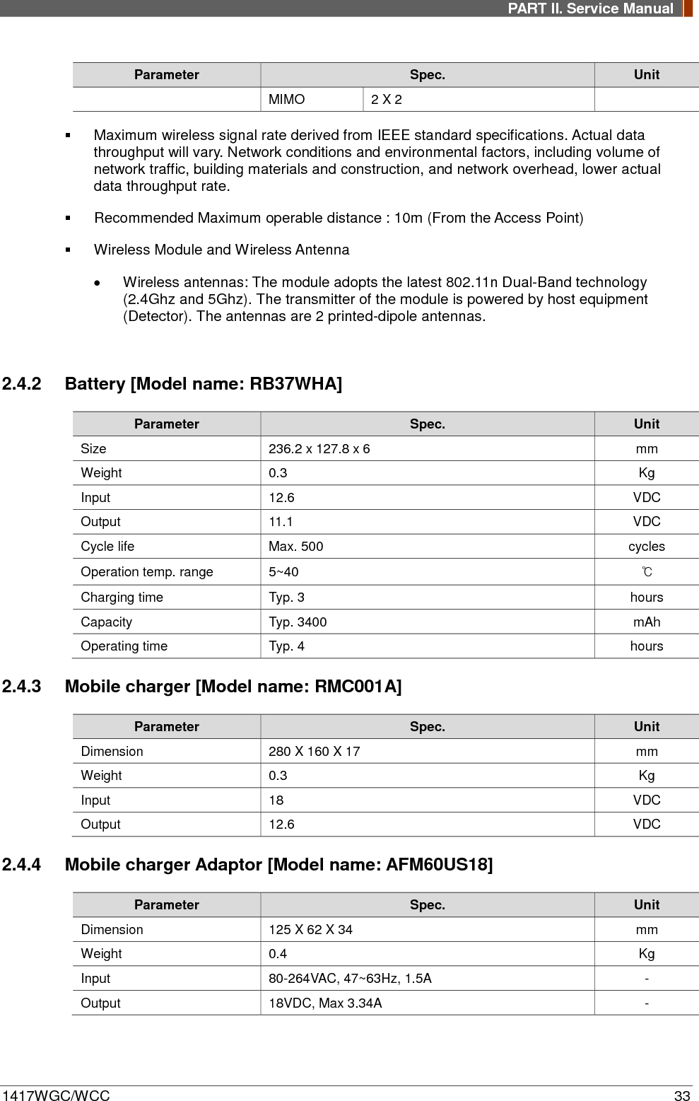 PART II. Service Manual  1417WGC/WCC 33 Parameter Spec. Unit MIMO  2 X 2    Maximum wireless signal rate derived from IEEE standard specifications. Actual data throughput will vary. Network conditions and environmental factors, including volume of network traffic, building materials and construction, and network overhead, lower actual data throughput rate.  Recommended Maximum operable distance : 10m (From the Access Point)  Wireless Module and Wireless Antenna • Wireless antennas: The module adopts the latest 802.11n Dual-Band technology (2.4Ghz and 5Ghz). The transmitter of the module is powered by host equipment (Detector). The antennas are 2 printed-dipole antennas.  2.4.2 Battery [Model name: RB37WHA] Parameter Spec. Unit Size 236.2 x 127.8 x 6  mm Weight 0.3  Kg Input 12.6 VDC Output 11.1 VDC Cycle life Max. 500 cycles Operation temp. range 5~40 ℃ Charging time Typ. 3 hours Capacity Typ. 3400  mAh Operating time Typ. 4    hours 2.4.3 Mobile charger [Model name: RMC001A] Parameter Spec. Unit Dimension 280 X 160 X 17 mm Weight 0.3  Kg Input 18 VDC Output 12.6 VDC 2.4.4 Mobile charger Adaptor [Model name: AFM60US18] Parameter Spec. Unit Dimension 125 X 62 X 34 mm Weight 0.4  Kg Input 80-264VAC, 47~63Hz, 1.5A  - Output 18VDC, Max 3.34A  - 