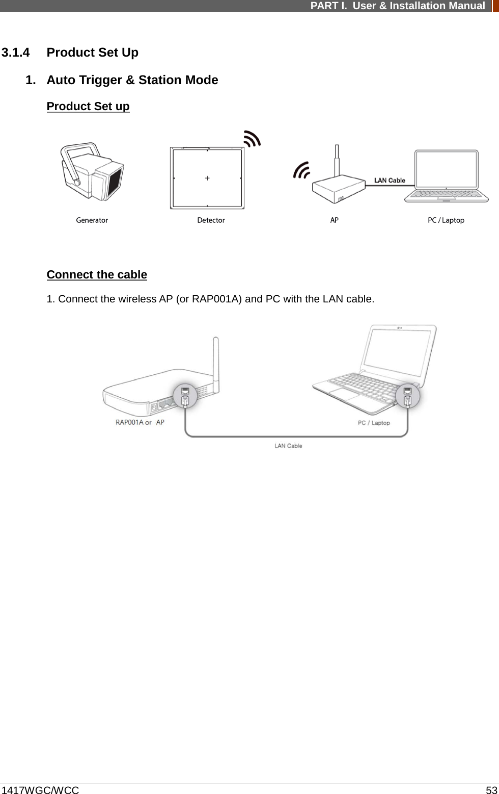 PART I. User &amp; Installation Manual  1417WGC/WCC 53 3.1.4 Product Set Up 1. Auto Trigger &amp; Station Mode Product Set up     Connect the cable 1. Connect the wireless AP (or RAP001A) and PC with the LAN cable.     