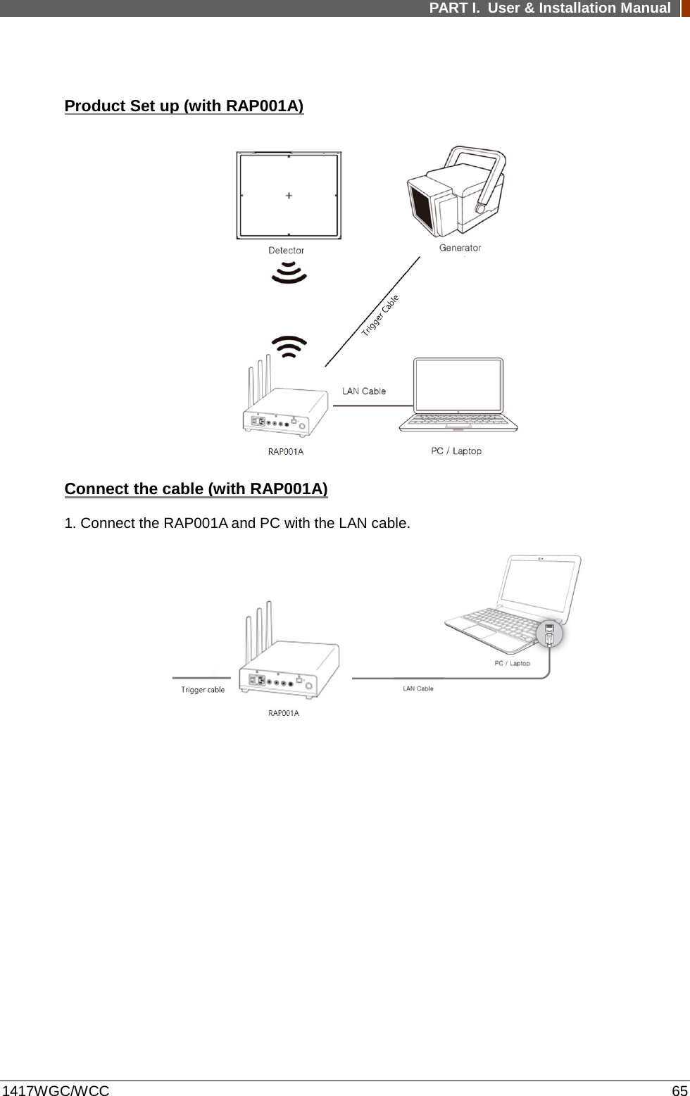 PART I. User &amp; Installation Manual  1417WGC/WCC 65  Product Set up (with RAP001A)  Connect the cable (with RAP001A) 1. Connect the RAP001A and PC with the LAN cable.    