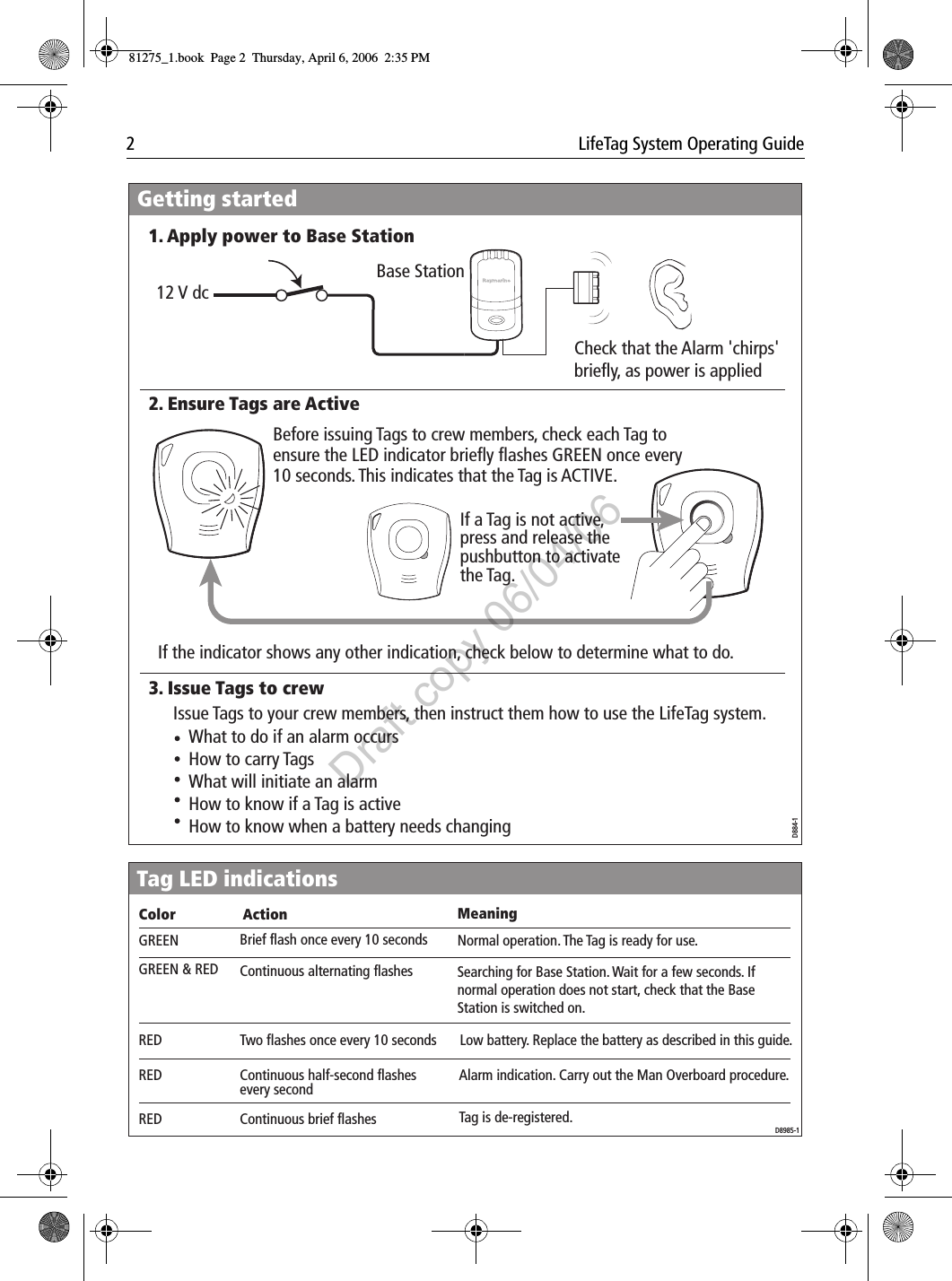 2  LifeTag System Operating Guide                          If a Tag is not active, press and release the pushbutton to activate the Tag.2. Ensure Tags are Active 1. Apply power to Base StationBase Station Getting startedBefore issuing Tags to crew members, check each Tag to ensure the LED indicator briefly flashes GREEN once every 10 seconds. This indicates that the Tag is ACTIVE.If the indicator shows any other indication, check below to determine what to do.12 V dcCheck that the Alarm 'chirps' briefly, as power is appliedD884-13. Issue Tags to crewWhat to do if an alarm occursHow to carry TagsWhat will initiate an alarmHow to know if a Tag is activeHow to know when a battery needs changingIssue Tags to your crew members, then instruct them how to use the LifeTag system. Color Action MeaningSearching for Base Station. Wait for a few seconds. If normal operation does not start, check that the Base Station is switched on.Normal operation. The Tag is ready for use.Continuous half-second flashes every secondTwo flashes once every 10 secondsContinuous alternating flashesBrief flash once every 10 secondsGREEN GREEN &amp; RED RED REDLow battery. Replace the battery as described in this guide.Tag LED indicationsD8985-1Alarm indication. Carry out the Man Overboard procedure.Continuous brief flashesRED Tag is de-registered. 81275_1.book  Page 2  Thursday, April 6, 2006  2:35 PMDraft copy 06/04/06
