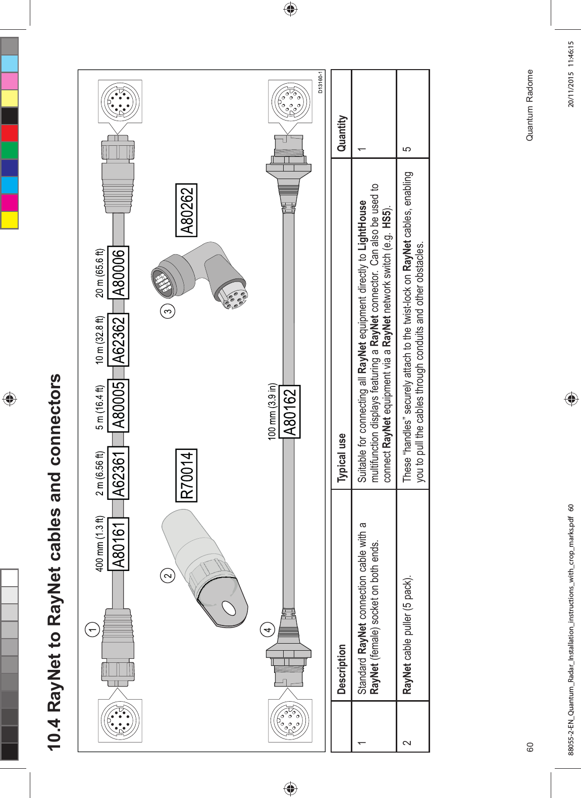  5D\1HW WR 5D\1HW FDEOHV DQG FRQQHFWRUV'HVFULSWLRQ 7\SLFDO XVH 4XDQWLW\6WDQGDUG 5D\1HW FRQQHFWLRQ FDEOH ZLWK D5D\1HW IHPDOH VRFNHW RQ ERWK HQGV6XLWDEOH IRU FRQQHFWLQJ DOO 5D\1HW HTXLSPHQW GLUHFWO\ WR /LJKW+RXVHPXOWLIXQFWLRQ GLVSOD\V IHDWXULQJ D 5D\1HW FRQQHFWRU &DQ DOVR EH XVHG WRFRQQHFW 5D\1HW HTXLSPHQW YLD D 5D\1HW QHWZRUN VZLWFK HJ +65D\1HW FDEOH SXOOHU SDFN 7KHVH ³KDQGOHV´ VHFXUHO\ DWWDFK WR WKH WZLVWORFN RQ 5D\1HW FDEOHV HQDEOLQJ\RX WR SXOO WKH FDEOHV WKURXJK FRQGXLWV DQG RWKHU REVWDFOHV 4XDQWXP 5DGRPH88055-2-EN_Quantum_Radar_Installation_instructions_with_crop_marks.pdf 60 20/11/2015 11:46:15