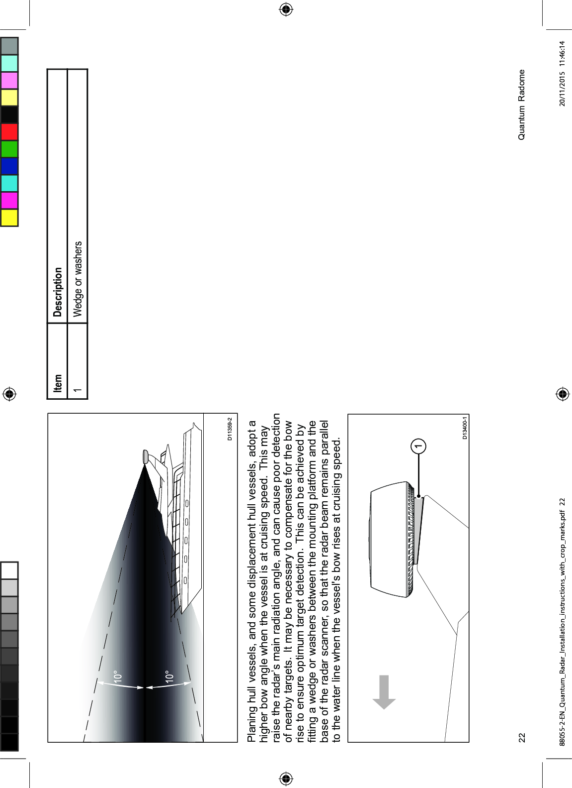 3ODQLQJ KXOO YHVVHOV DQG VRPH GLVSODFHPHQW KXOO YHVVHOV DGRSW DKLJKHU ERZ DQJOH ZKHQ WKH YHVVHO LV DW FUXLVLQJ VSHHG 7KLV PD\UDLVH WKH UDGDU¶V PDLQ UDGLDWLRQ DQJOH DQG FDQ FDXVH SRRU GHWHFWLRQRI QHDUE\ WDUJHWV ,W PD\ EH QHFHVVDU\ WR FRPSHQVDWH IRU WKH ERZULVH WR HQVXUH RSWLPXP WDUJHW GHWHFWLRQ 7KLV FDQ EH DFKLHYHG E\¿WWLQJ D ZHGJH RU ZDVKHUV EHWZHHQ WKH PRXQWLQJ SODWIRUP DQG WKHEDVH RI WKH UDGDU VFDQQHU VR WKDW WKH UDGDU EHDP UHPDLQV SDUDOOHOWR WKH ZDWHU OLQH ZKHQ WKH YHVVHOV ERZ ULVHV DW FUXLVLQJ VSHHG,WHP 'HVFULSWLRQ :HGJH RU ZDVKHUV 4XDQWXP 5DGRPH88055-2-EN_Quantum_Radar_Installation_instructions_with_crop_marks.pdf 22 20/11/2015 11:46:14