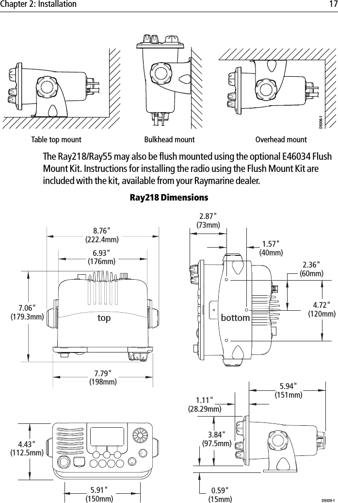 Chapter 2: Installation 17            The Ray218/Ray55 may also be flush mounted using the optional E46034 Flush Mount Kit. Instructions for installing the radio using the Flush Mount Kit are included with the kit, available from your Raymarine dealer.Ray218 Dimensions            Table top mount Bulkhead mount Overhead mountD9306-1top bottomD9309-18.76&quot;(222.4mm)6.93&quot;(176mm)7.06&quot;(179.3mm)7.79&quot;(198mm)4.43&quot;(112.5mm)5.91&quot;(150mm)5.94&quot;(151mm)1.11&quot;(28.29mm)0.59&quot;(15mm)3.84&quot;(97.5mm)4.72&quot;(120mm)2.36&quot;(60mm)1.57&quot;(40mm)2.87&quot;(73mm)