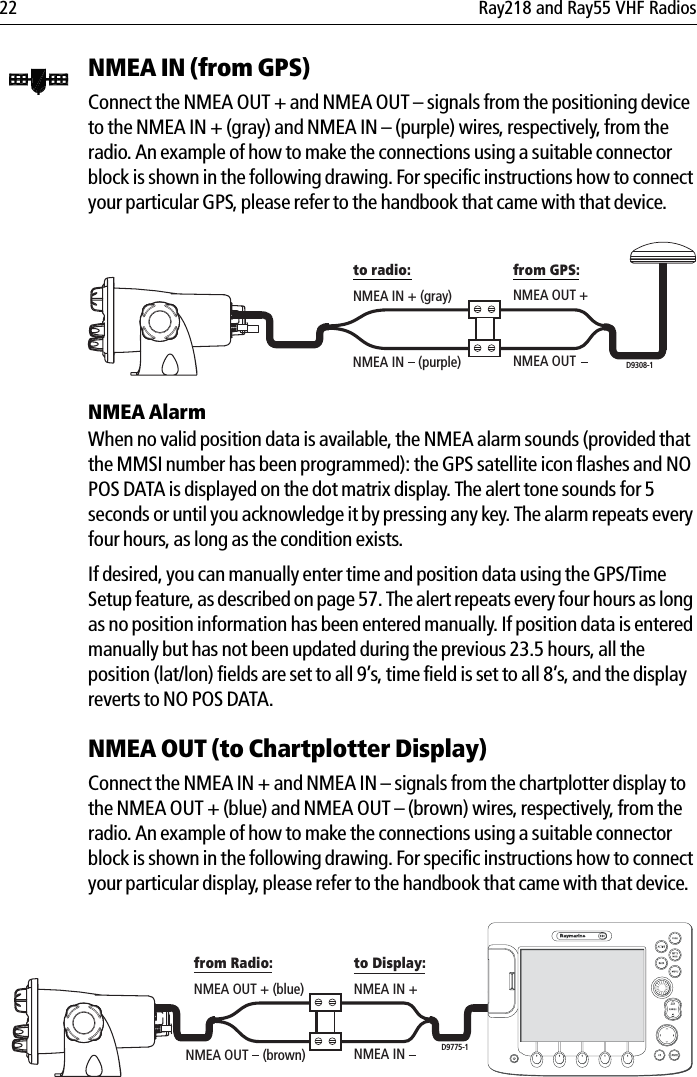 22 Ray218 and Ray55 VHF RadiosNMEA IN (from GPS)Connect the NMEA OUT + and NMEA OUT – signals from the positioning device to the NMEA IN + (gray) and NMEA IN – (purple) wires, respectively, from the radio. An example of how to make the connections using a suitable connector block is shown in the following drawing. For specific instructions how to connect your particular GPS, please refer to the handbook that came with that device.             NMEA AlarmWhen no valid position data is available, the NMEA alarm sounds (provided that the MMSI number has been programmed): the GPS satellite icon flashes and NO POS DATA is displayed on the dot matrix display. The alert tone sounds for 5 seconds or until you acknowledge it by pressing any key. The alarm repeats every four hours, as long as the condition exists. If desired, you can manually enter time and position data using the GPS/Time Setup feature, as described on page 57. The alert repeats every four hours as long as no position information has been entered manually. If position data is entered manually but has not been updated during the previous 23.5 hours, all the position (lat/lon) fields are set to all 9’s, time field is set to all 8’s, and the display reverts to NO POS DATA.NMEA OUT (to Chartplotter Display)Connect the NMEA IN + and NMEA IN – signals from the chartplotter display to the NMEA OUT + (blue) and NMEA OUT – (brown) wires, respectively, from the radio. An example of how to make the connections using a suitable connector block is shown in the following drawing. For specific instructions how to connect your particular display, please refer to the handbook that came with that device.             D9308-1NMEA IN + (gray) NMEA OUT +NMEA OUTto radio: from GPS:NMEA IN    (purple)D9775-1NMEA OUT + (blue)NMEA OUT    (brown)NMEA IN +NMEA INfrom Radio: to Display: