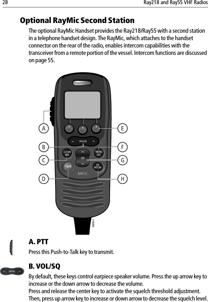 28 Ray218 and Ray55 VHF RadiosOptional RayMic Second StationThe optional RayMic Handset provides the Ray218/Ray55 with a second station in a telephone handset design. The RayMic, which attaches to the handset connector on the rear of the radio, enables intercom capabilities with the transceiver from a remote portion of the vessel. Intercom functions are discussed on page 55.            A. PTT   Press this Push-to-Talk key to transmit.B. VOL/SQBy default, these keys control earpiece speaker volume. Press the up arrow key to increase or the down arrow to decrease the volume. Press and release the center key to activate the squelch threshold adjustment. Then, press up arrow key to increase or down arrow to decrease the squelch level.D9253-1