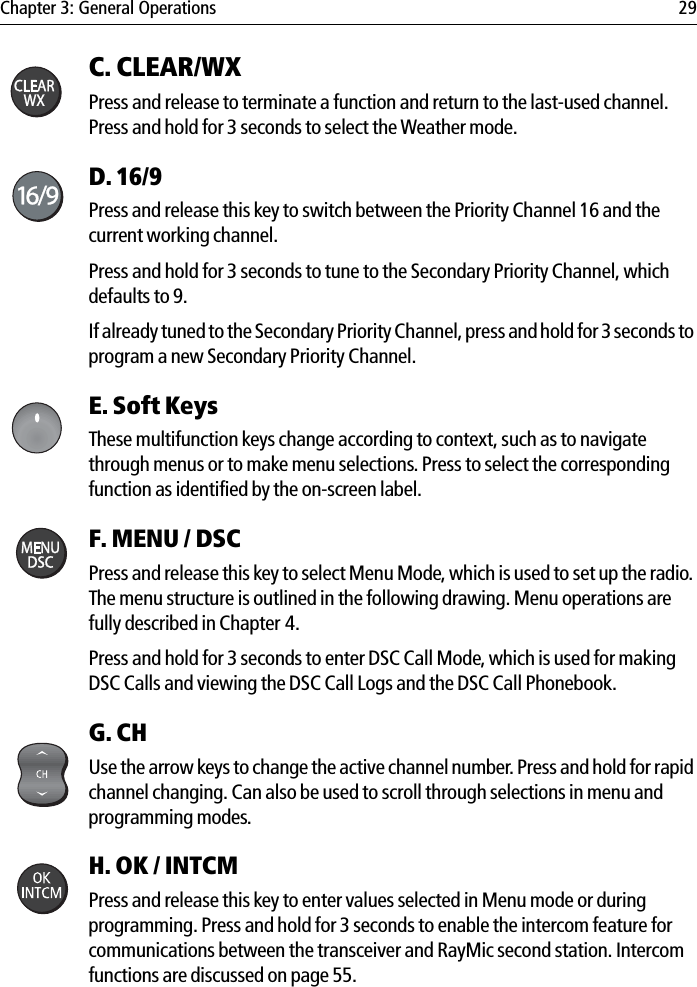 Chapter 3: General Operations 29C. CLEAR/WXPress and release to terminate a function and return to the last-used channel. Press and hold for 3 seconds to select the Weather mode.D. 16/9  Press and release this key to switch between the Priority Channel 16 and the current working channel.Press and hold for 3 seconds to tune to the Secondary Priority Channel, which defaults to 9.If already tuned to the Secondary Priority Channel, press and hold for 3 seconds to program a new Secondary Priority Channel. E. Soft KeysThese multifunction keys change according to context, such as to navigate through menus or to make menu selections. Press to select the corresponding function as identified by the on-screen label.F. MENU / DSCPress and release this key to select Menu Mode, which is used to set up the radio. The menu structure is outlined in the following drawing. Menu operations are fully described in Chapter 4.Press and hold for 3 seconds to enter DSC Call Mode, which is used for making DSC Calls and viewing the DSC Call Logs and the DSC Call Phonebook.G. CHUse the arrow keys to change the active channel number. Press and hold for rapid channel changing. Can also be used to scroll through selections in menu and programming modes.H. OK / INTCM  Press and release this key to enter values selected in Menu mode or during programming. Press and hold for 3 seconds to enable the intercom feature for communications between the transceiver and RayMic second station. Intercom functions are discussed on page 55.