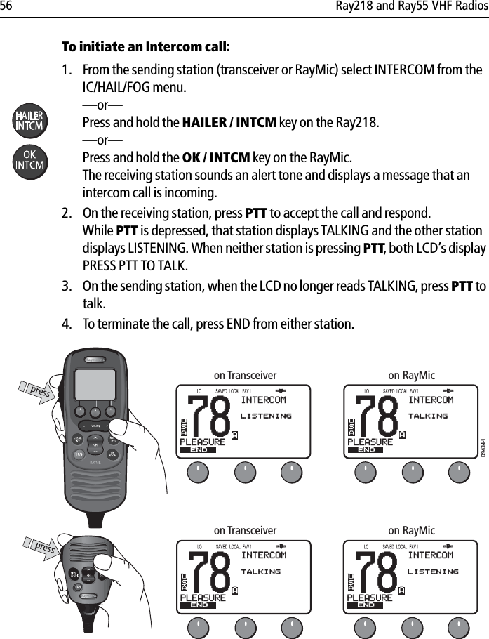 56 Ray218 and Ray55 VHF RadiosTo initiate an Intercom call:1. From the sending station (transceiver or RayMic) select INTERCOM from the IC/HAIL/FOG menu.—or—Press and hold the HAILER / INTCM key on the Ray218.—or—Press and hold the OK / INTCM key on the RayMic.The receiving station sounds an alert tone and displays a message that an intercom call is incoming.2. On the receiving station, press PTT to accept the call and respond. While PTT is depressed, that station displays TALKING and the other station displays LISTENING. When neither station is pressing PTT, both LCD’s display PRESS PTT TO TALK.3. On the sending station, when the LCD no longer reads TALKING, press PTT to talk.4. To terminate the call, press END from either station.            D9434-178PLEASUREBUSAINTERCOMENDLISTENINGA78PLEASUREBUSAINTERCOMENDTALKINGAon Transceiver on RayMic78PLEASUREBUSAINTERCOMENDTALKINGA78PLEASUREBUSAINTERCOMENDLISTENINGAon Transceiver on RayMicAAAA