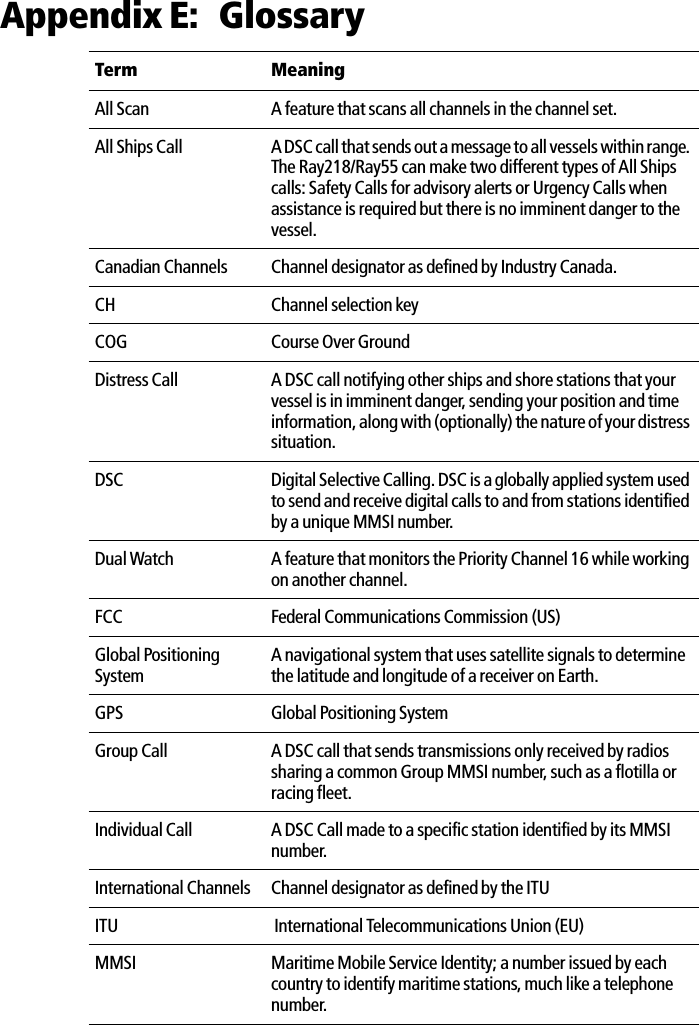 Appendix E: GlossaryTerm MeaningAll Scan A feature that scans all channels in the channel set.All Ships Call A DSC call that sends out a message to all vessels within range. The Ray218/Ray55 can make two different types of All Ships calls: Safety Calls for advisory alerts or Urgency Calls when assistance is required but there is no imminent danger to the vessel.Canadian Channels Channel designator as defined by Industry Canada.CH Channel selection keyCOG Course Over GroundDistress Call A DSC call notifying other ships and shore stations that your vessel is in imminent danger, sending your position and time information, along with (optionally) the nature of your distress situation. DSC Digital Selective Calling. DSC is a globally applied system used to send and receive digital calls to and from stations identified by a unique MMSI number. Dual Watch  A feature that monitors the Priority Channel 16 while working on another channel.FCC Federal Communications Commission (US)Global Positioning SystemA navigational system that uses satellite signals to determine the latitude and longitude of a receiver on Earth.GPS Global Positioning SystemGroup Call A DSC call that sends transmissions only received by radios sharing a common Group MMSI number, such as a flotilla or racing fleet. Individual Call A DSC Call made to a specific station identified by its MMSI number.International Channels  Channel designator as defined by the ITUITU  International Telecommunications Union (EU)MMSI Maritime Mobile Service Identity; a number issued by each country to identify maritime stations, much like a telephone number.