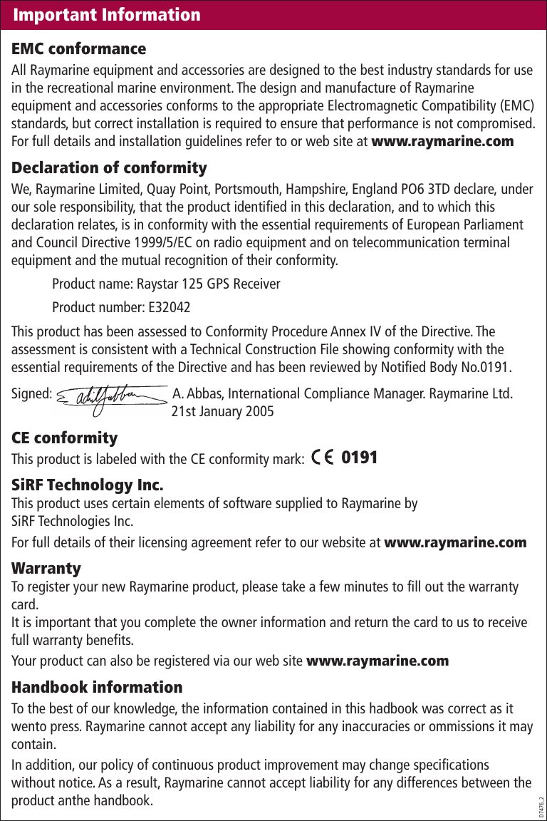 Page 7 of 8 - Raymarine Raymarine-Raystar-125-Handbook- 81247_3 Raymarine-raystar-125-handbook